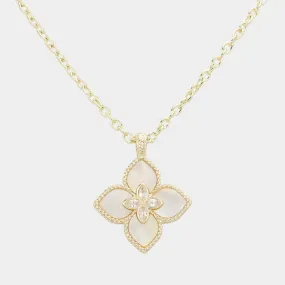 14K Gold Plated CZ Stone Pointed Mother Of Pearl Clover Pendant Necklace