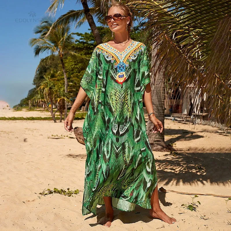 2022 Long Green Kaftan Bohemian Beach Maxi Dress Women Beach Wear