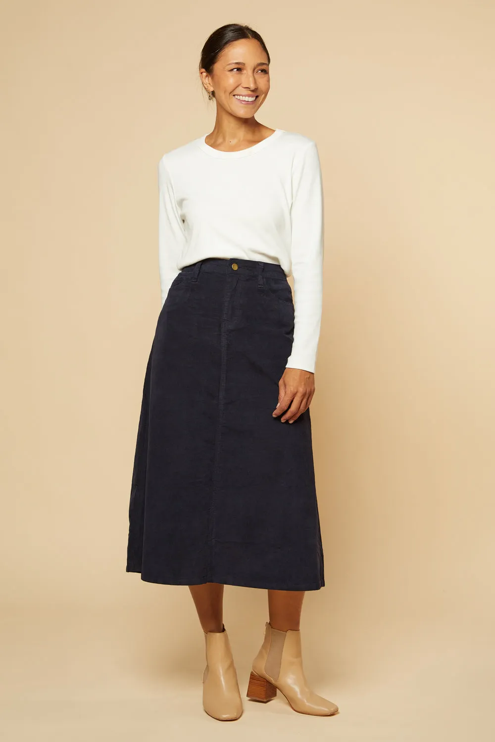 Adrift A-Line Brushed Cotton Skirt in Navy