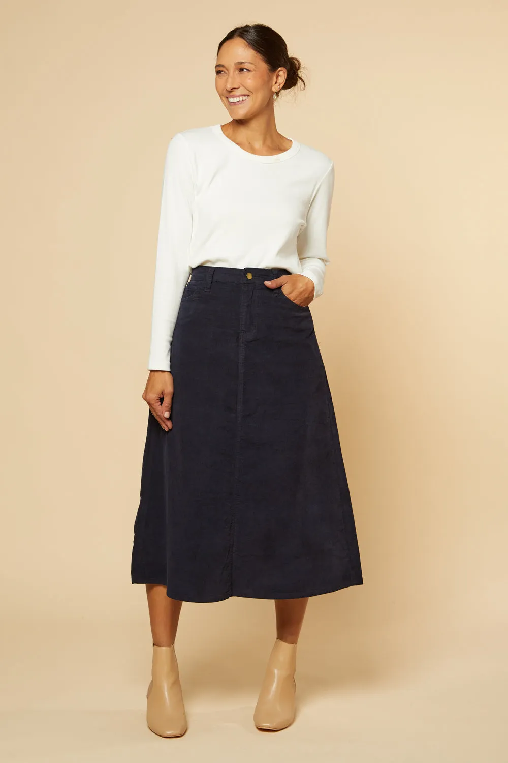 Adrift A-Line Brushed Cotton Skirt in Navy