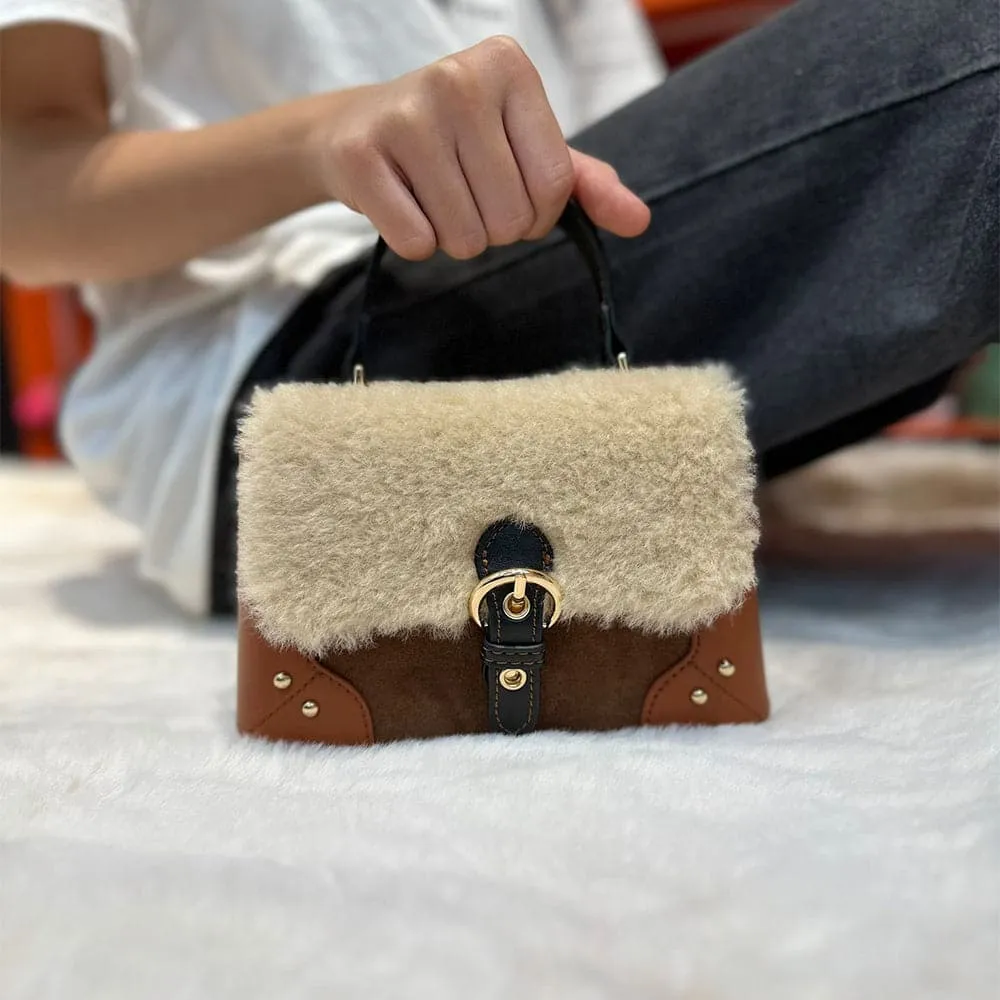 AG Collective Mini Elegant Fluffy Fleece Crossbody Bag Top-Handle Retro Buckle Handbag