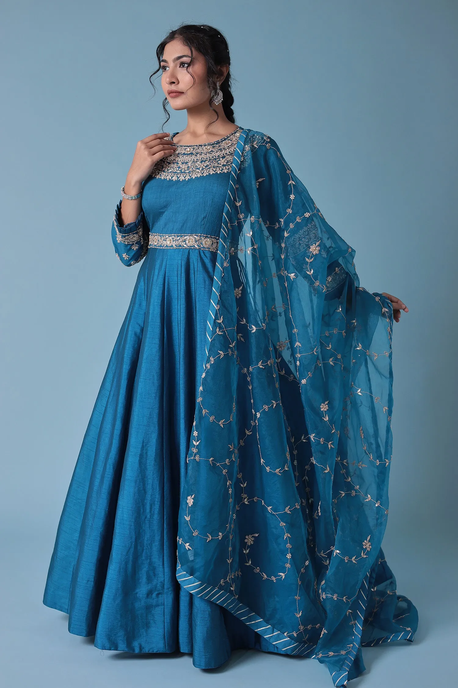 Anarkali Embellished Silk Suit with Embroidered Dupatta