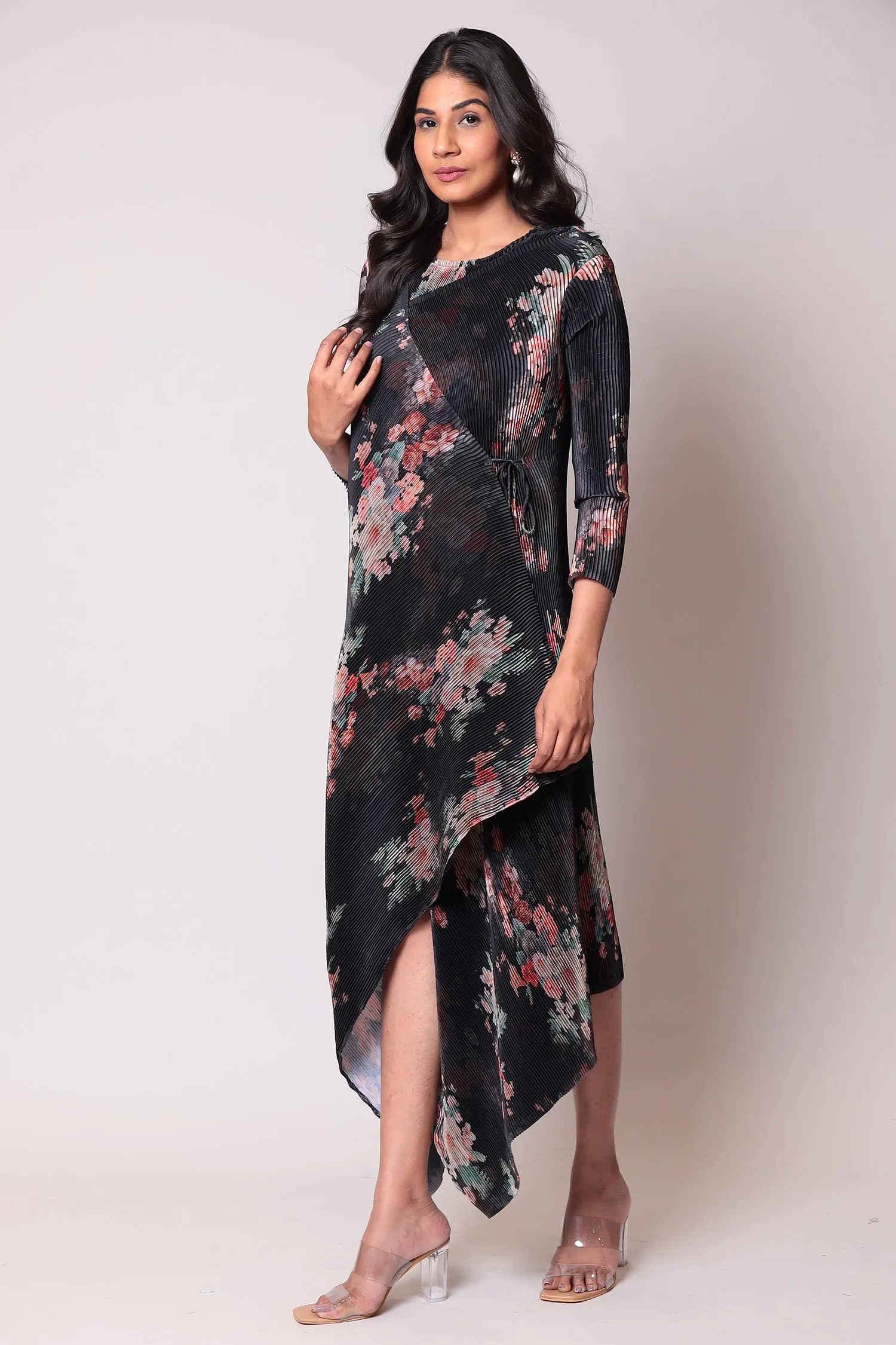 Asymmetrical Cut Printed Satin Suit