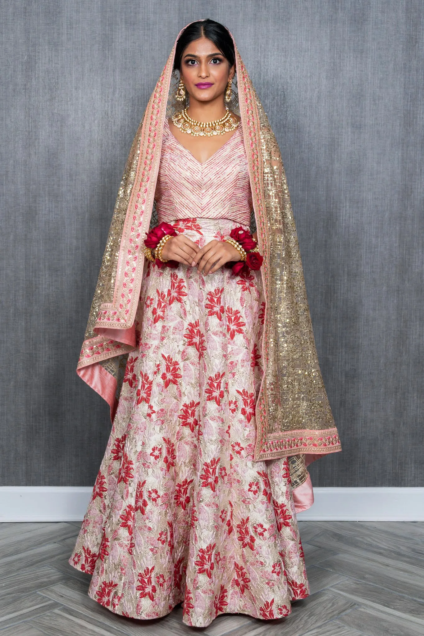 AVNI Red and Pink Floral Jacquard Lehenga Skirt