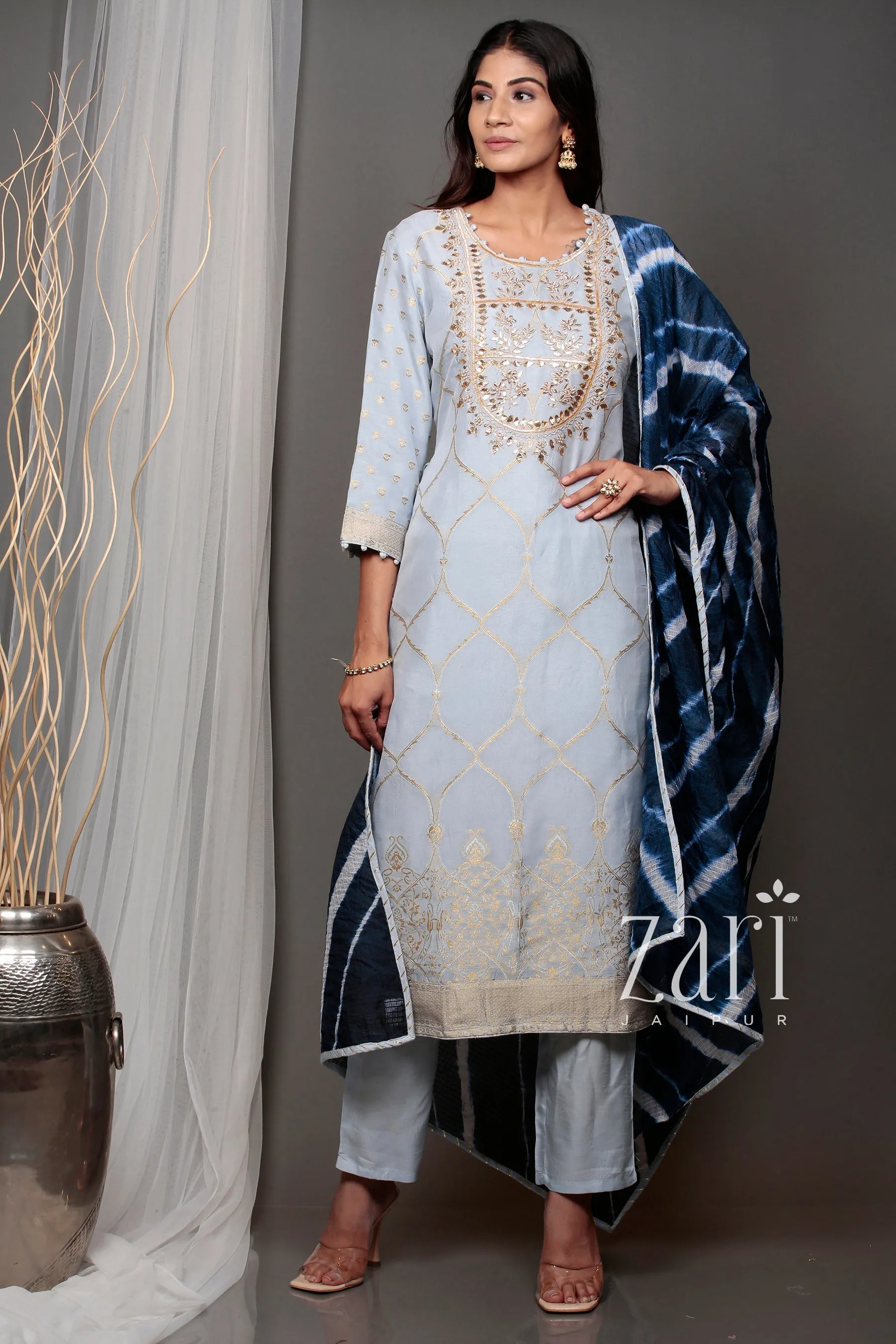 Banarasi Leheriya Banarasi brocade  Suit with Gota, Gota Patti, Pearl, Sequins, Zardozi work.