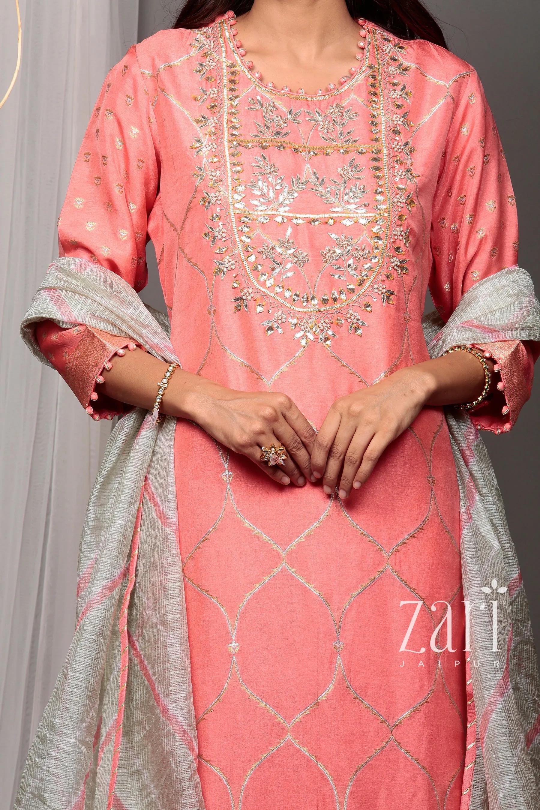 Banarsi Leheriya Banarasi brocade  Suit with Gota, Gota Patti, Pearl, Sequins, Zardozi work.