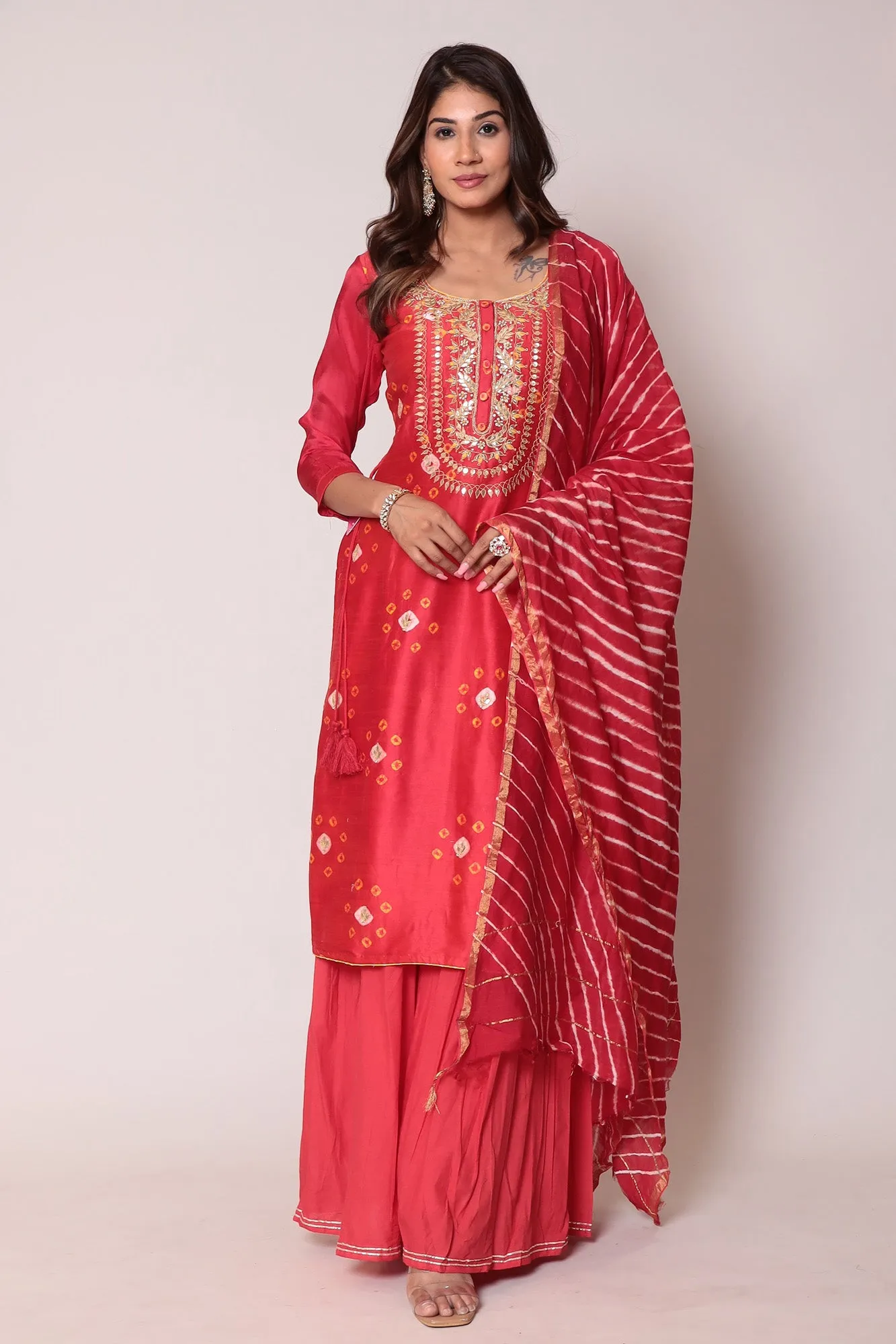 Bandhej Chanderi Gota Patti Suit with Leheriya Dupatta