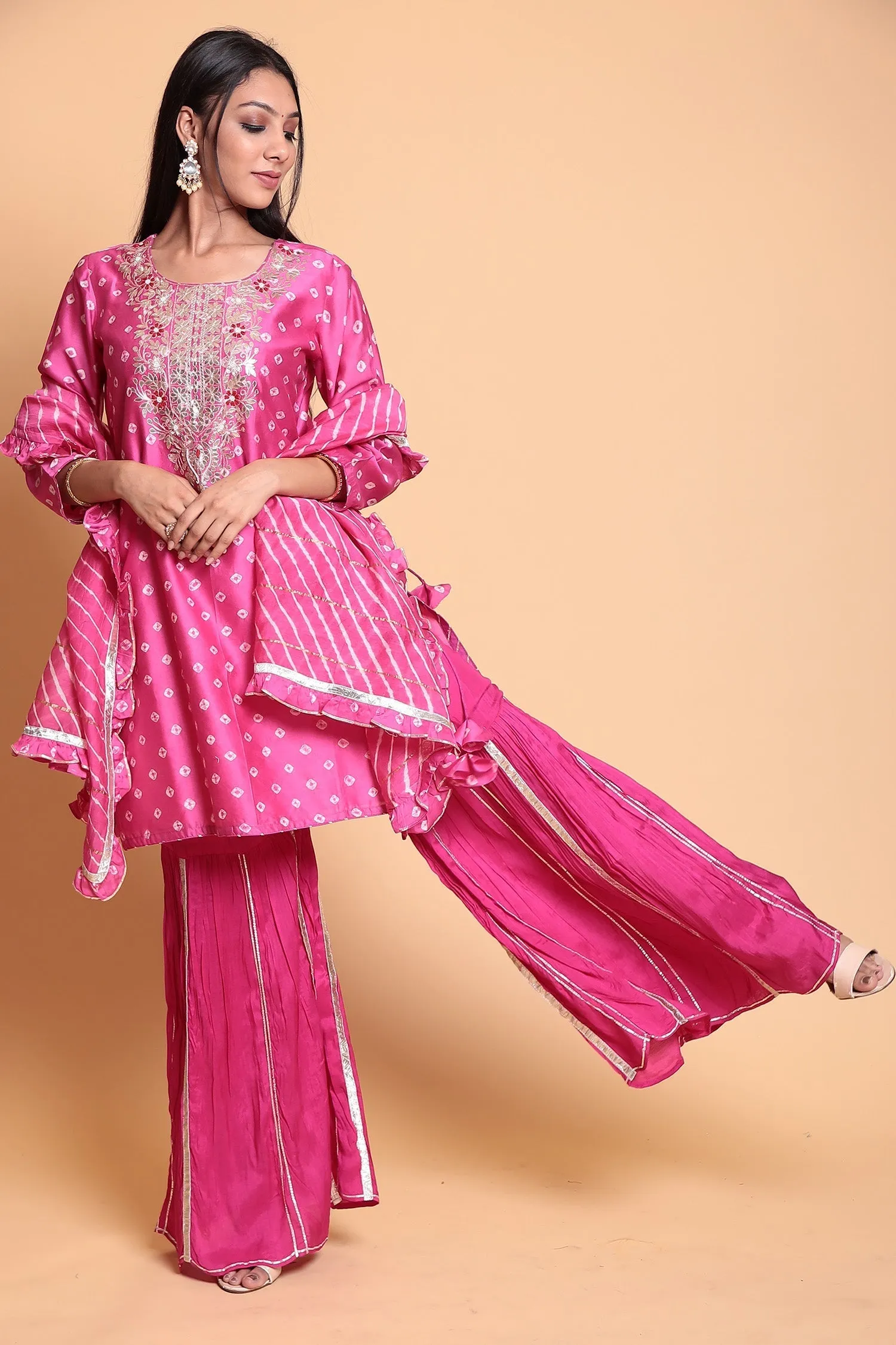 Bandhej Chanderi silk Suit Stitched with Gota Patti work.