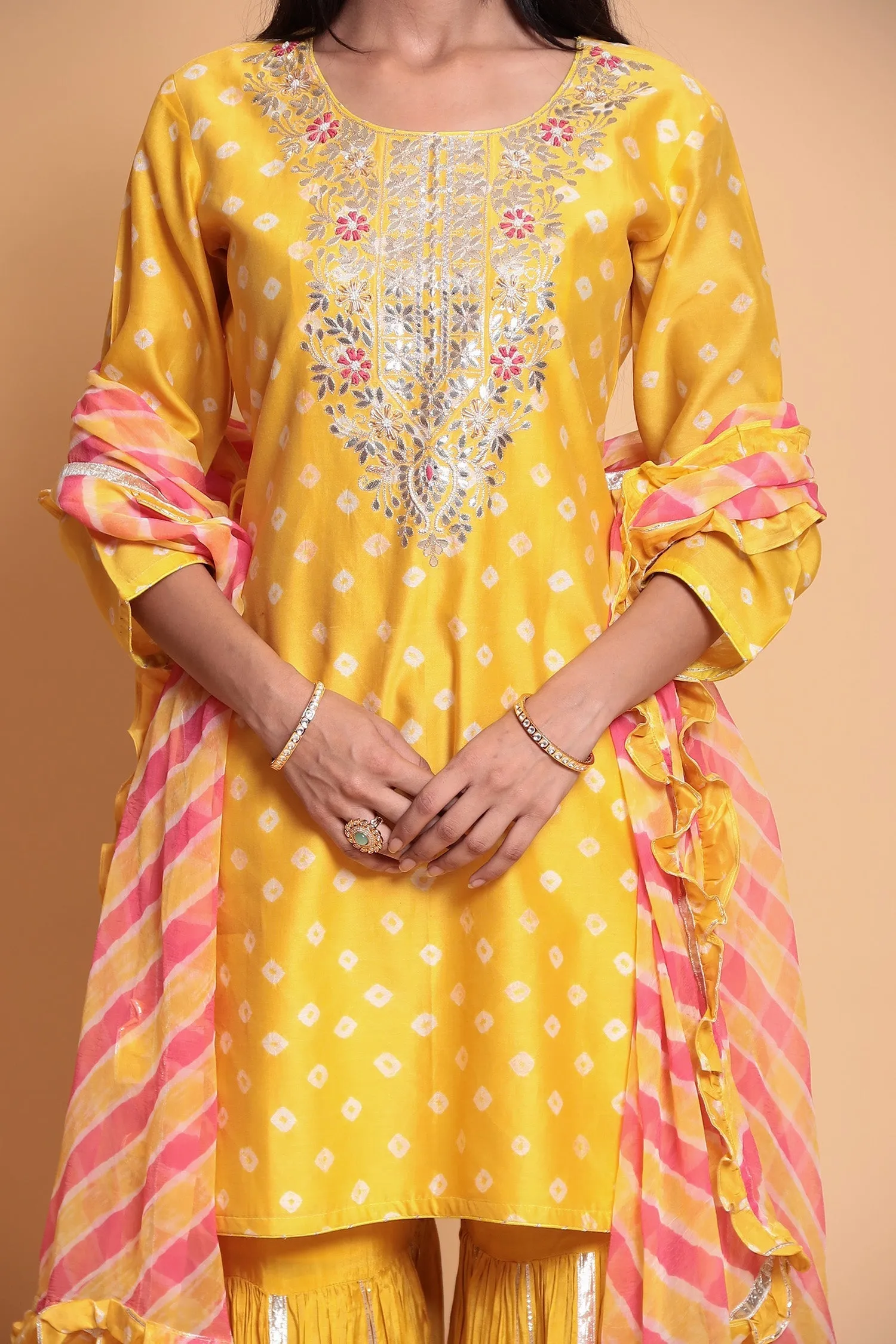 Bandhej Chanderi silk Suit Stitched with Gota Patti work.