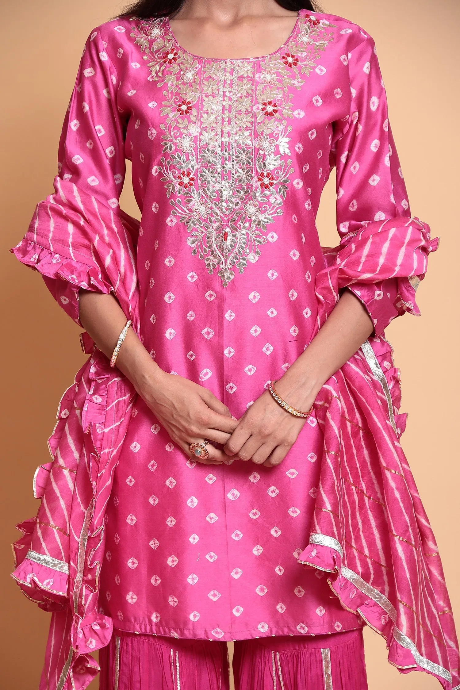 Bandhej Chanderi silk Suit Stitched with Gota Patti work.