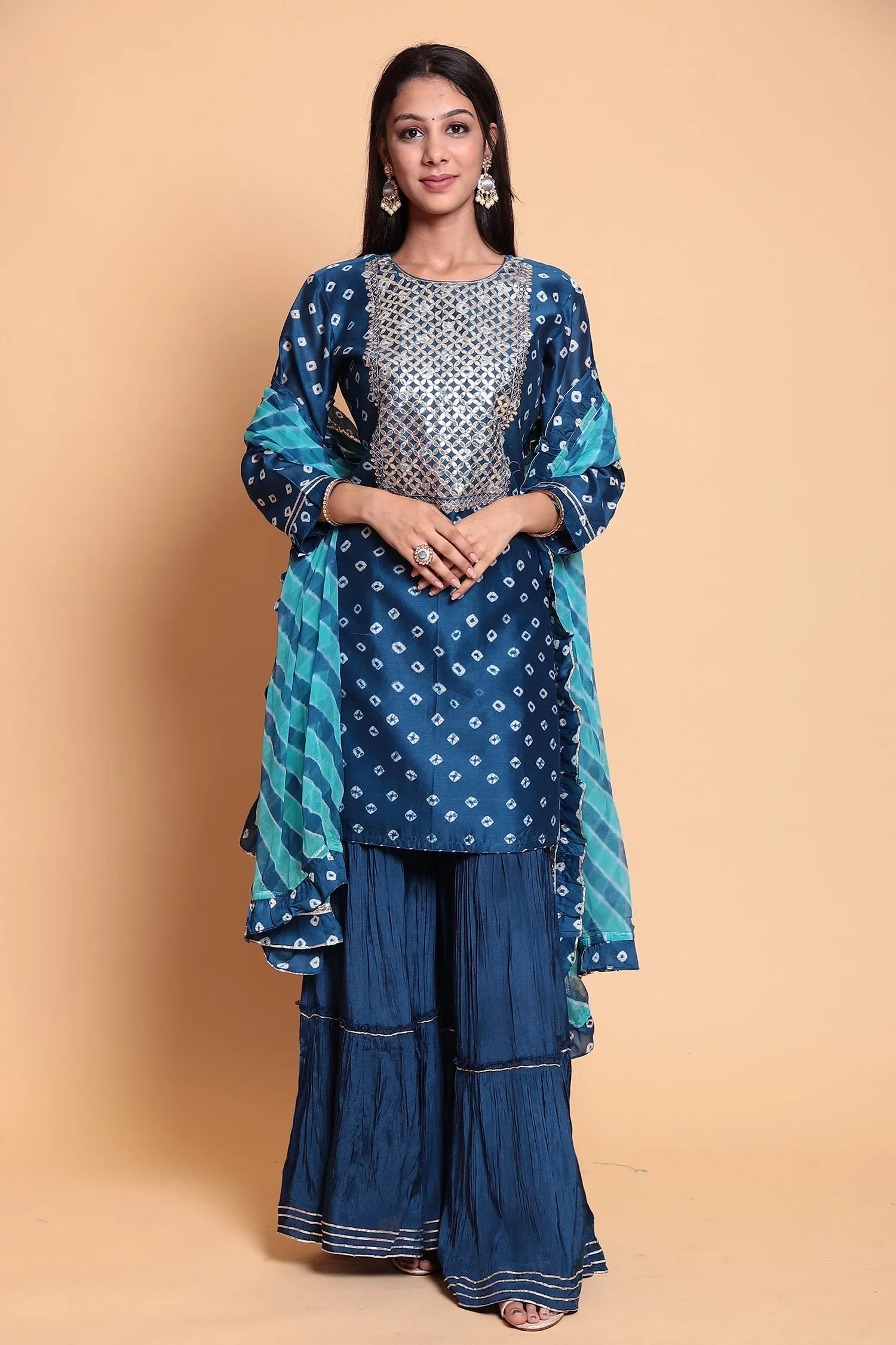 Bandhej Chanderi silk Suit Stitched with Gota Patti work.