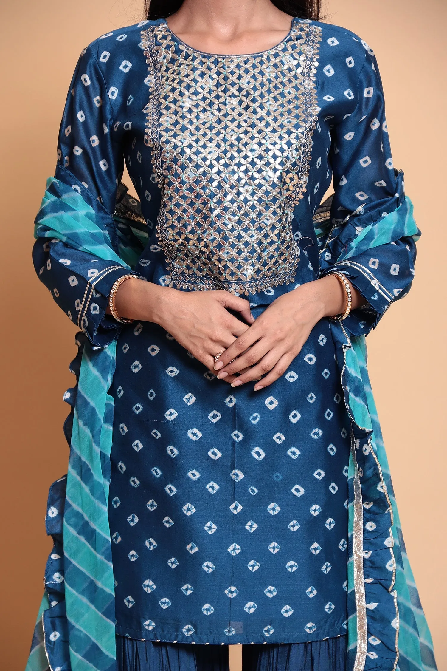 Bandhej Chanderi silk Suit Stitched with Gota Patti work.