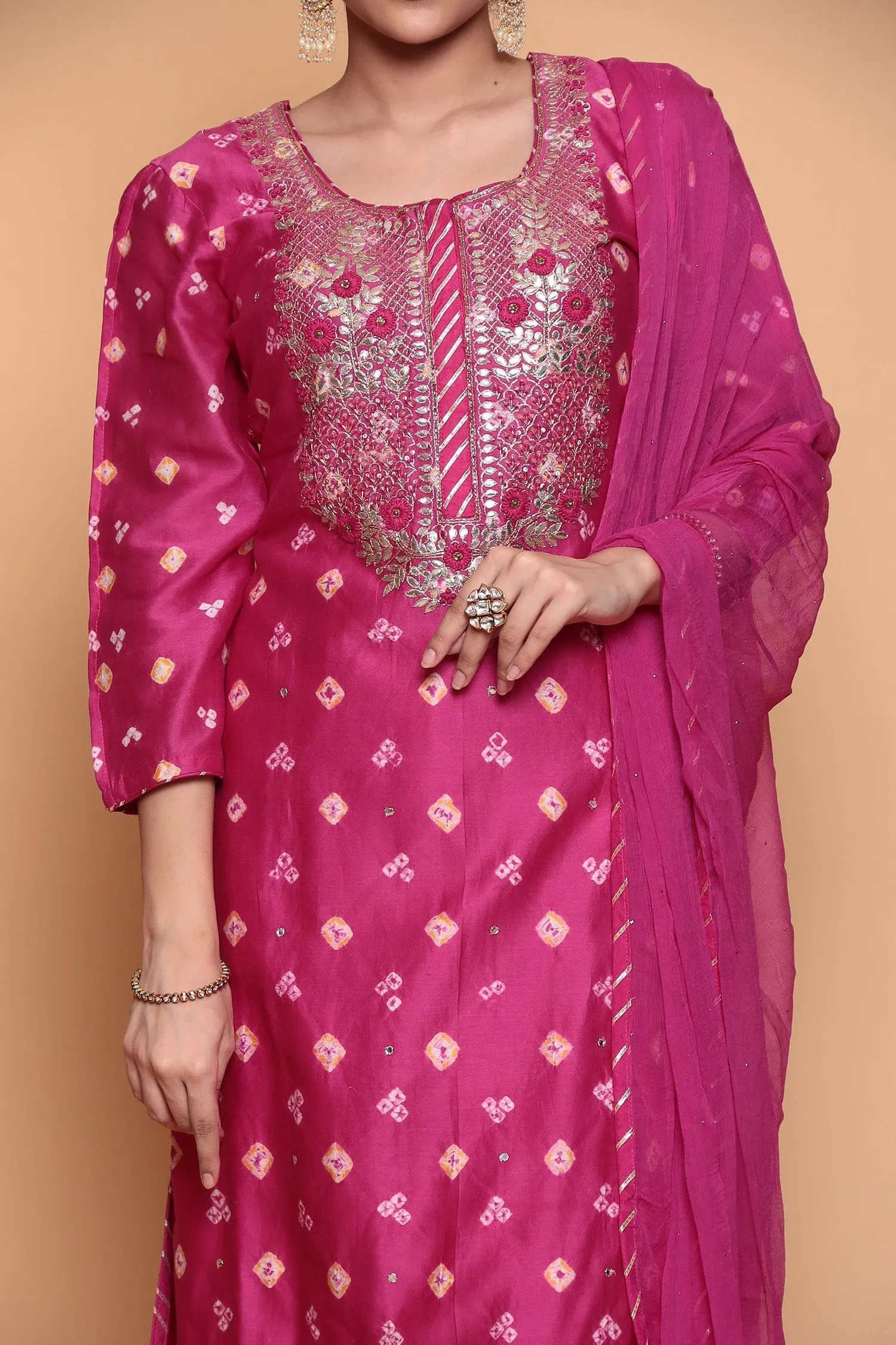 Bandhej Chanderi Suit with Gota Patti work.