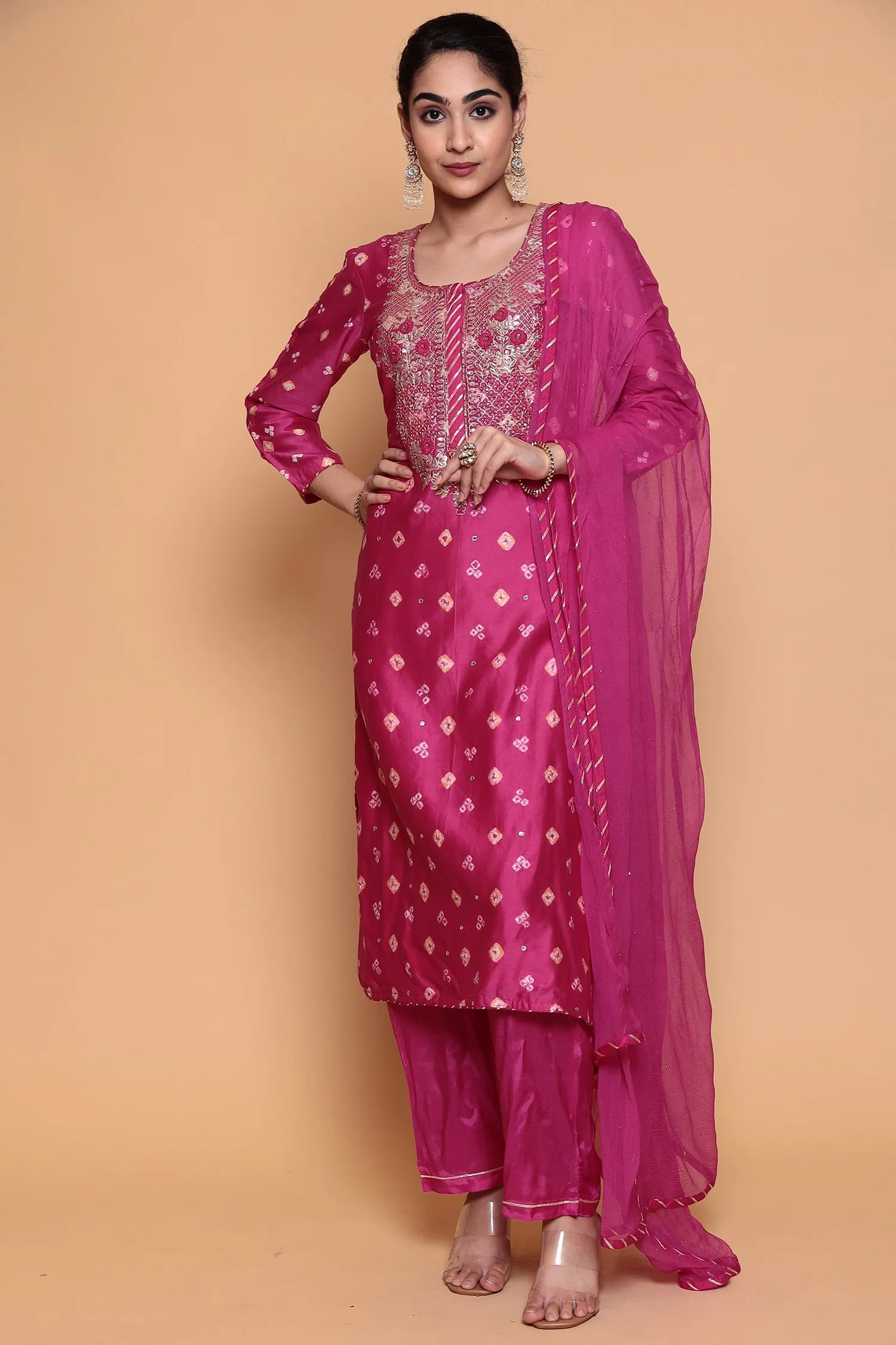 Bandhej Chanderi Suit with Gota Patti work.