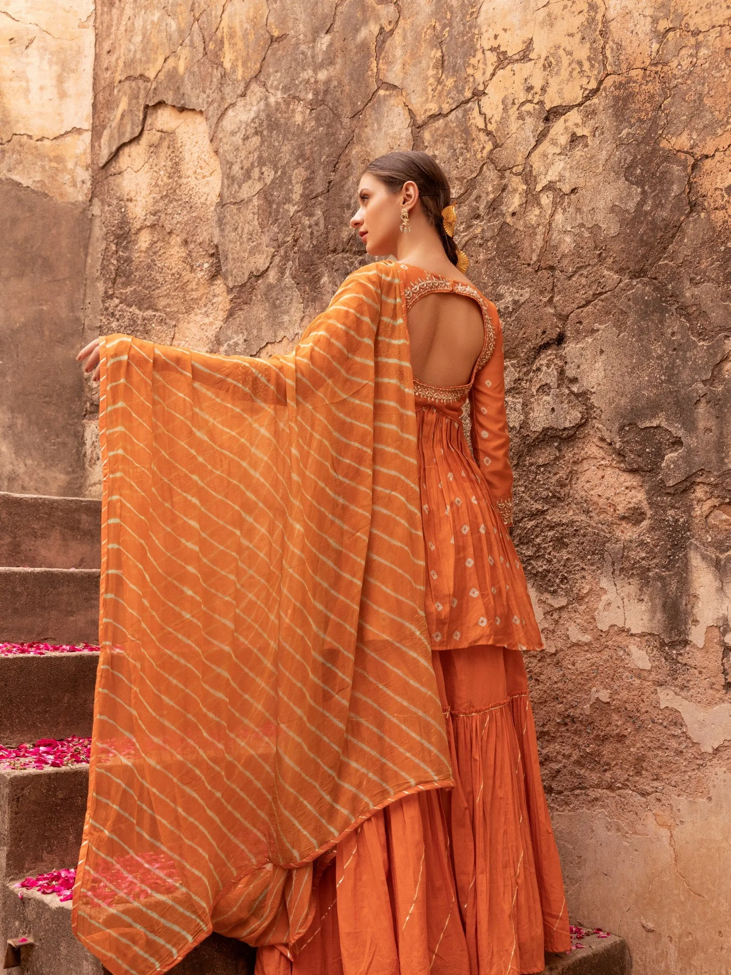 Bandhej Peplum Style Chanderi Suit with Gota Patti and Thread work.