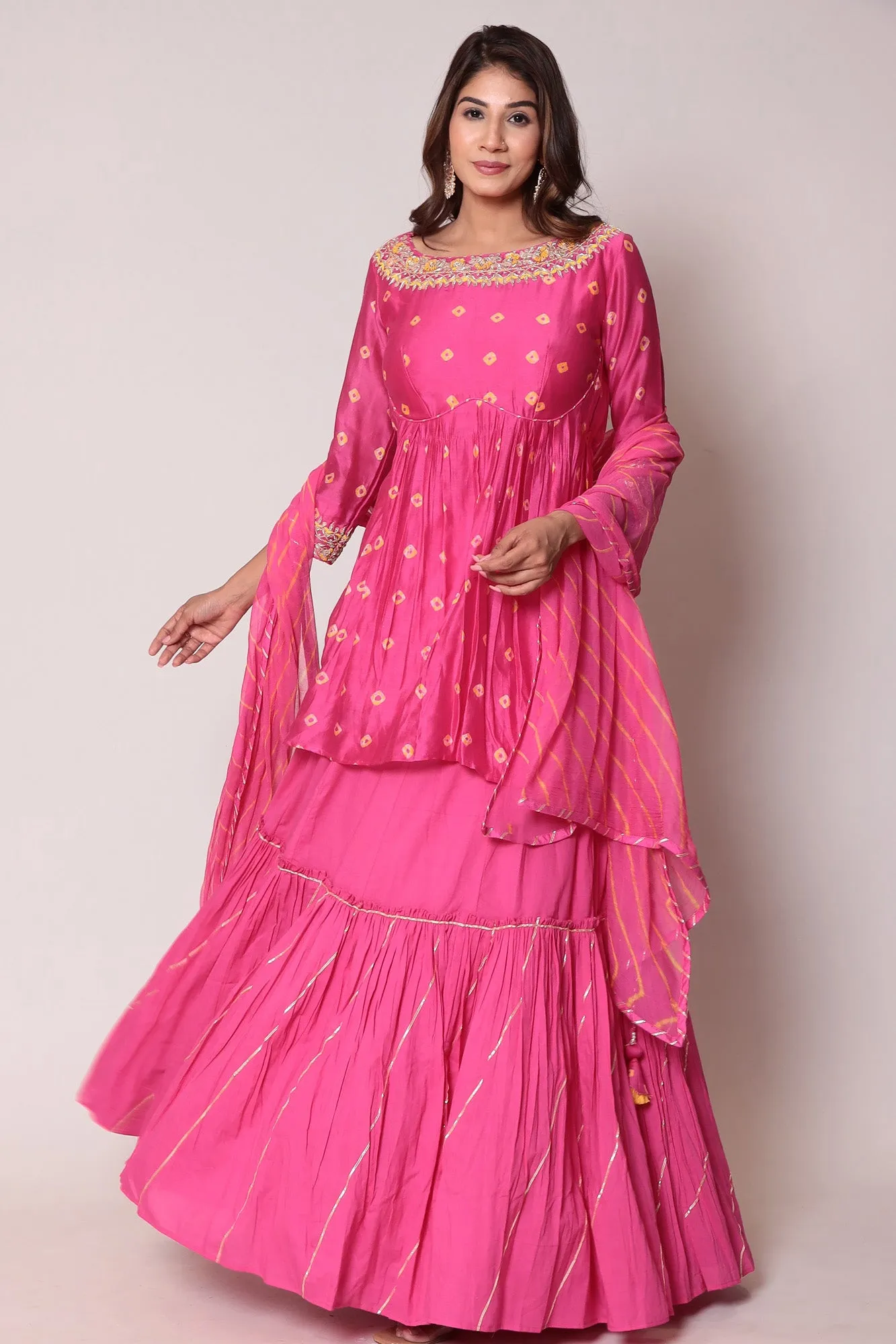 Bandhej Peplum Style Chanderi Suit with Gota Patti and Thread work.