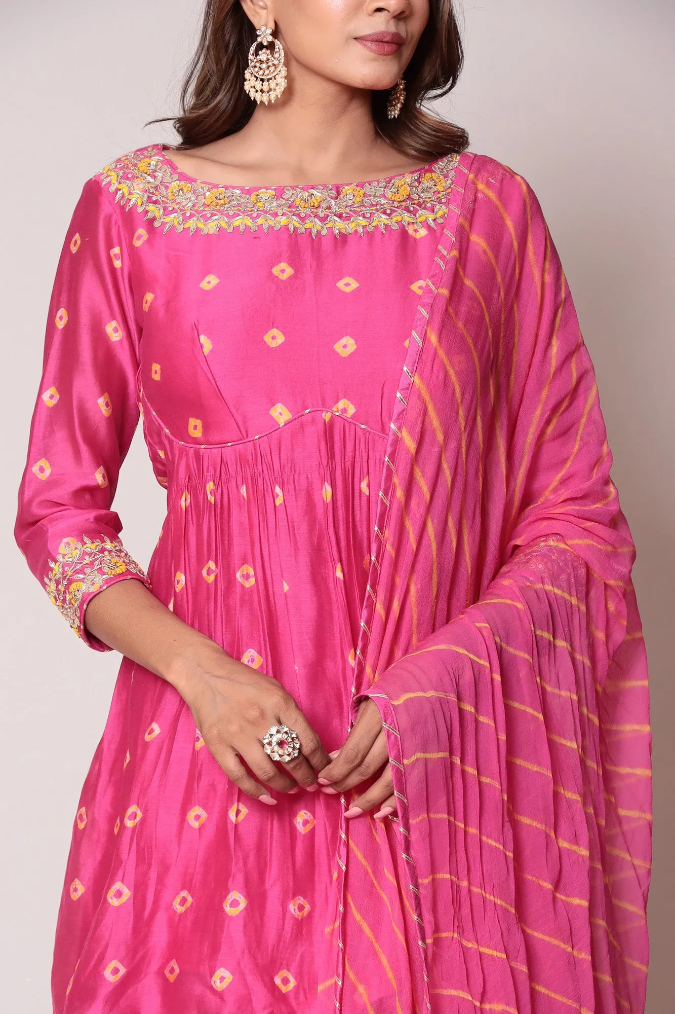 Bandhej Peplum Style Chanderi Suit with Gota Patti and Thread work.