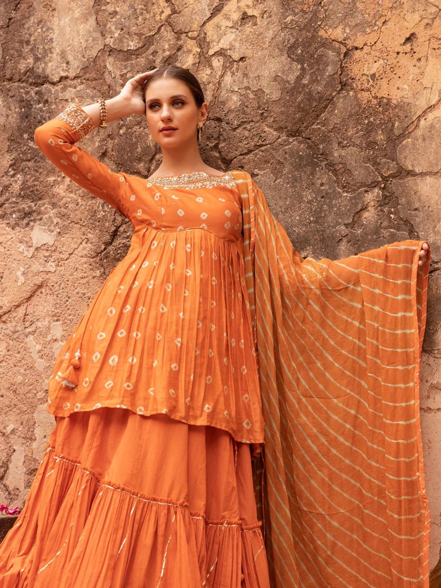 Bandhej Peplum Style Chanderi Suit with Gota Patti and Thread work.