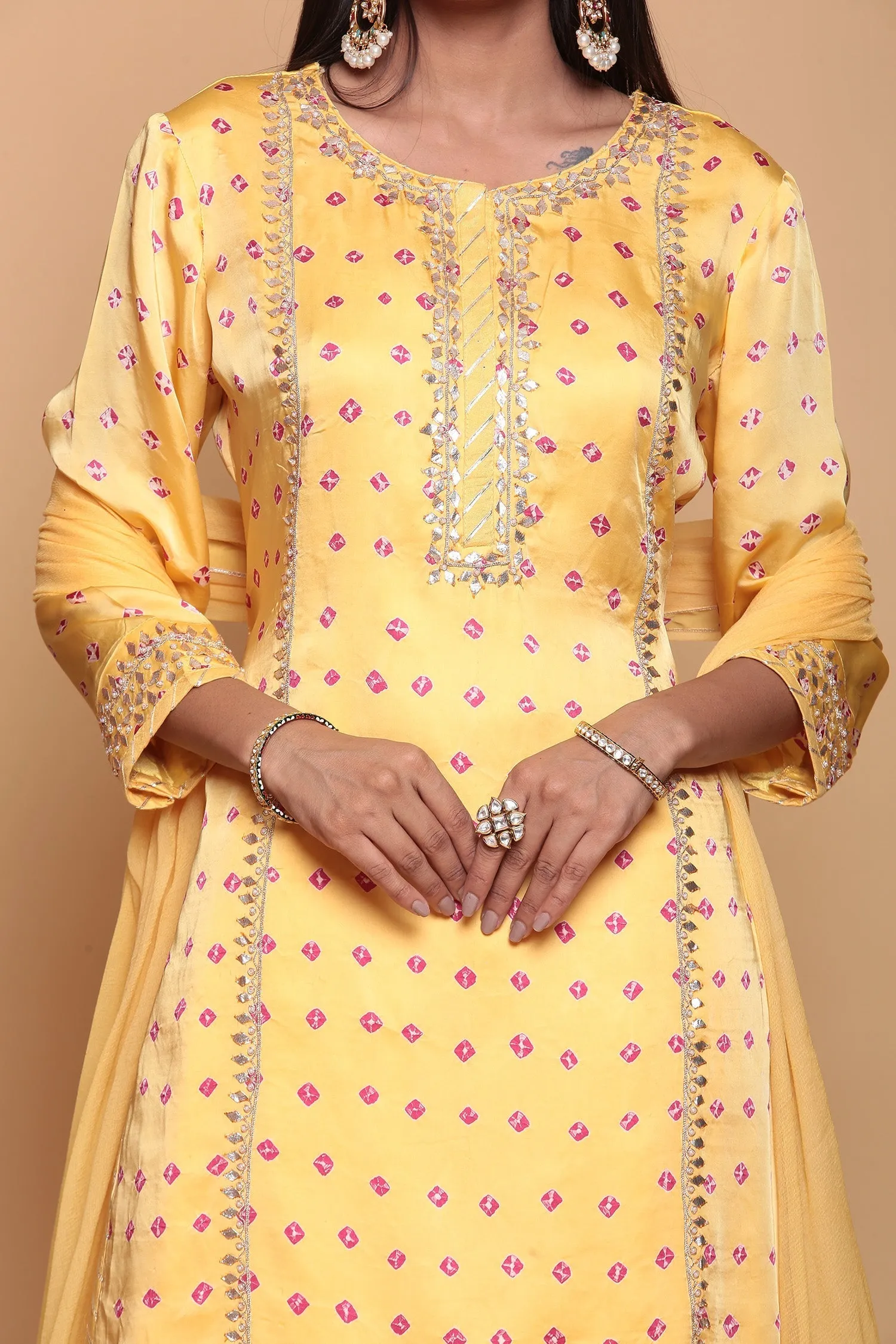 Bandhej Satin silk Suit  with Gota work.