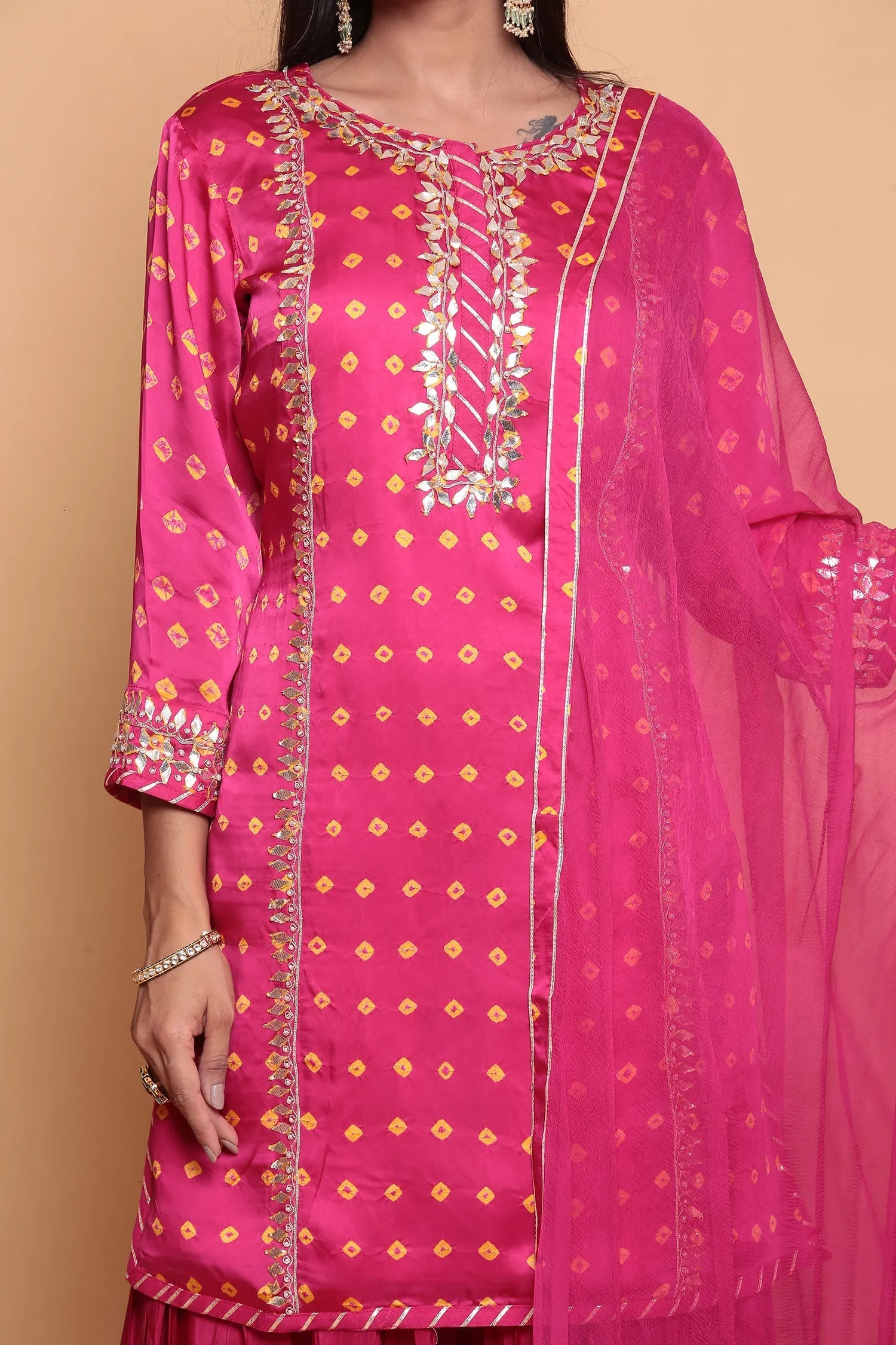 Bandhej Satin silk Suit  with Gota work.