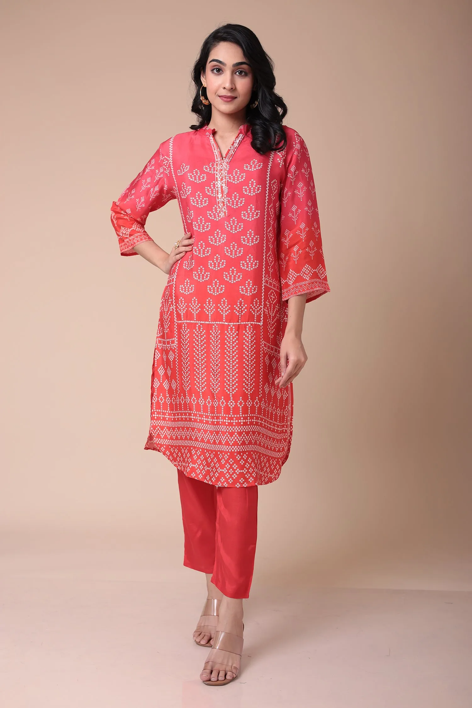 Bandhej Silk Blend Kurta Set with Embroidered work