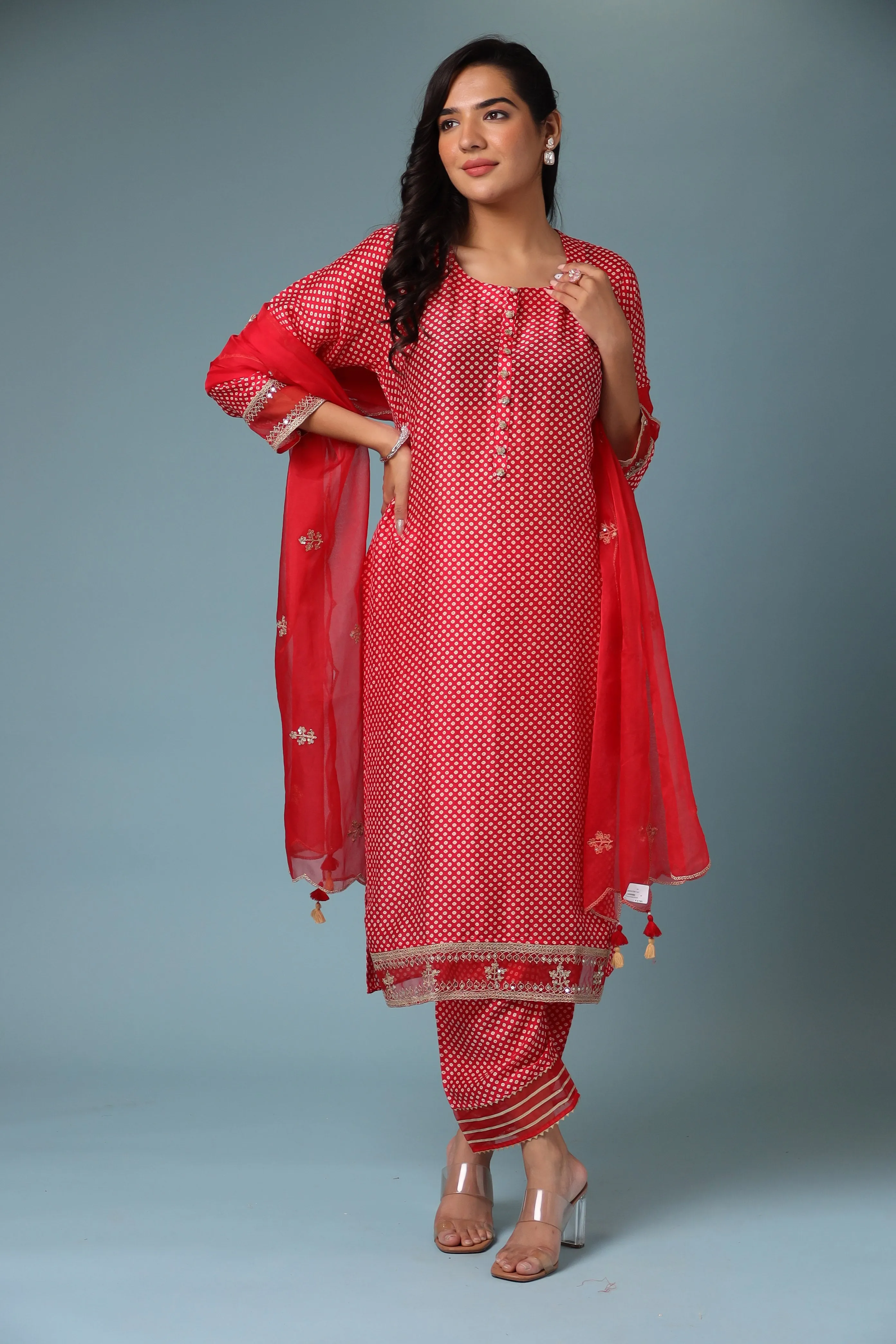 Bandhej Silk Kurta Stitched with Dori work.