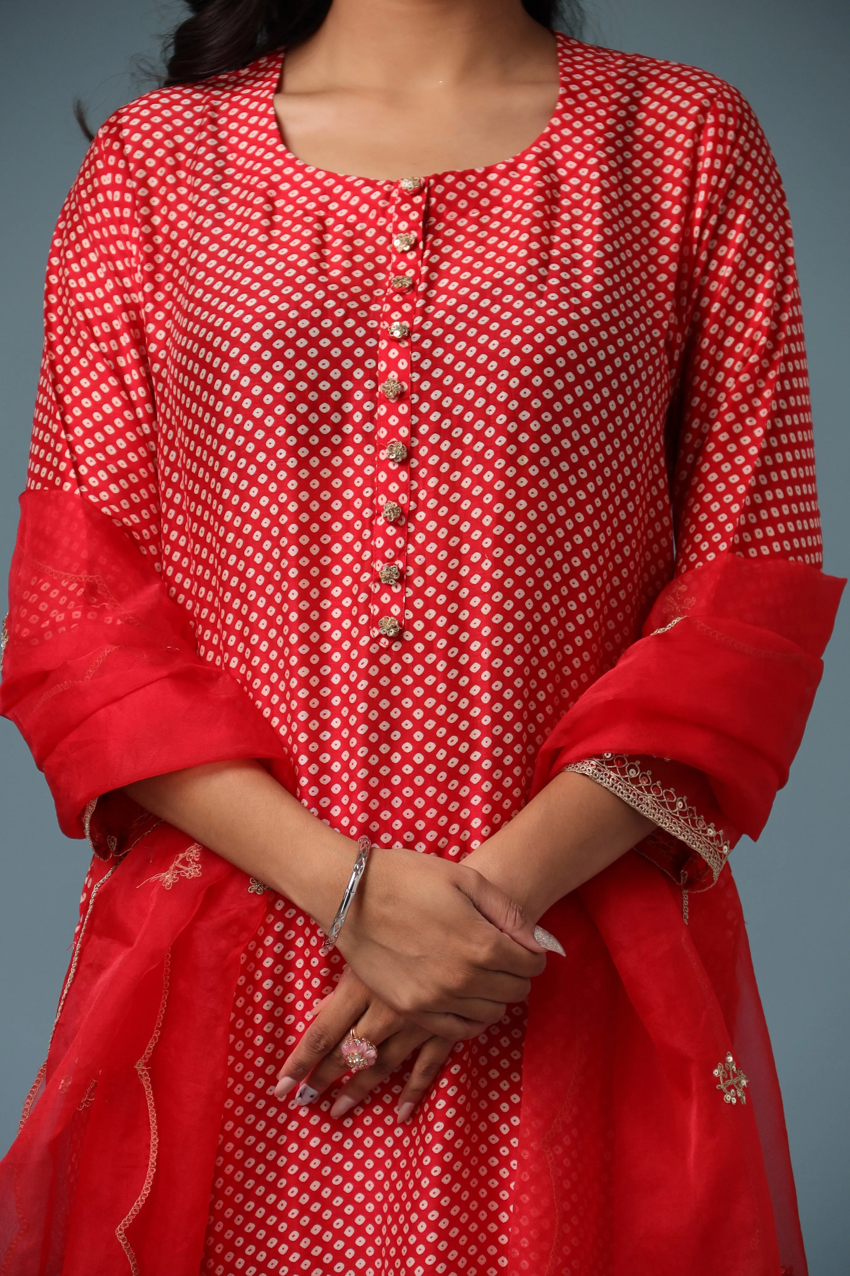 Bandhej Silk Kurta Stitched with Dori work.