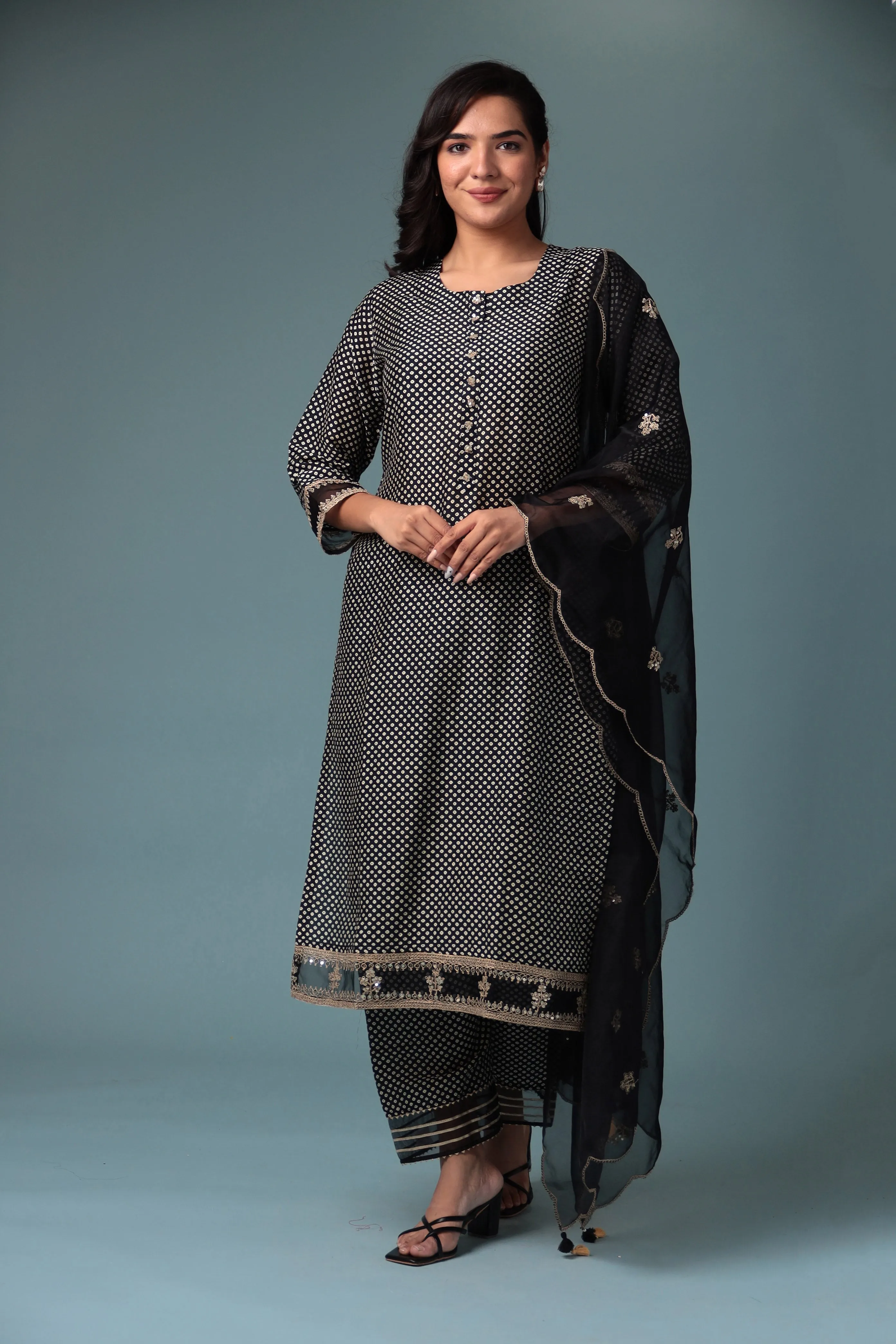 Bandhej Silk Kurta Stitched with Dori work.