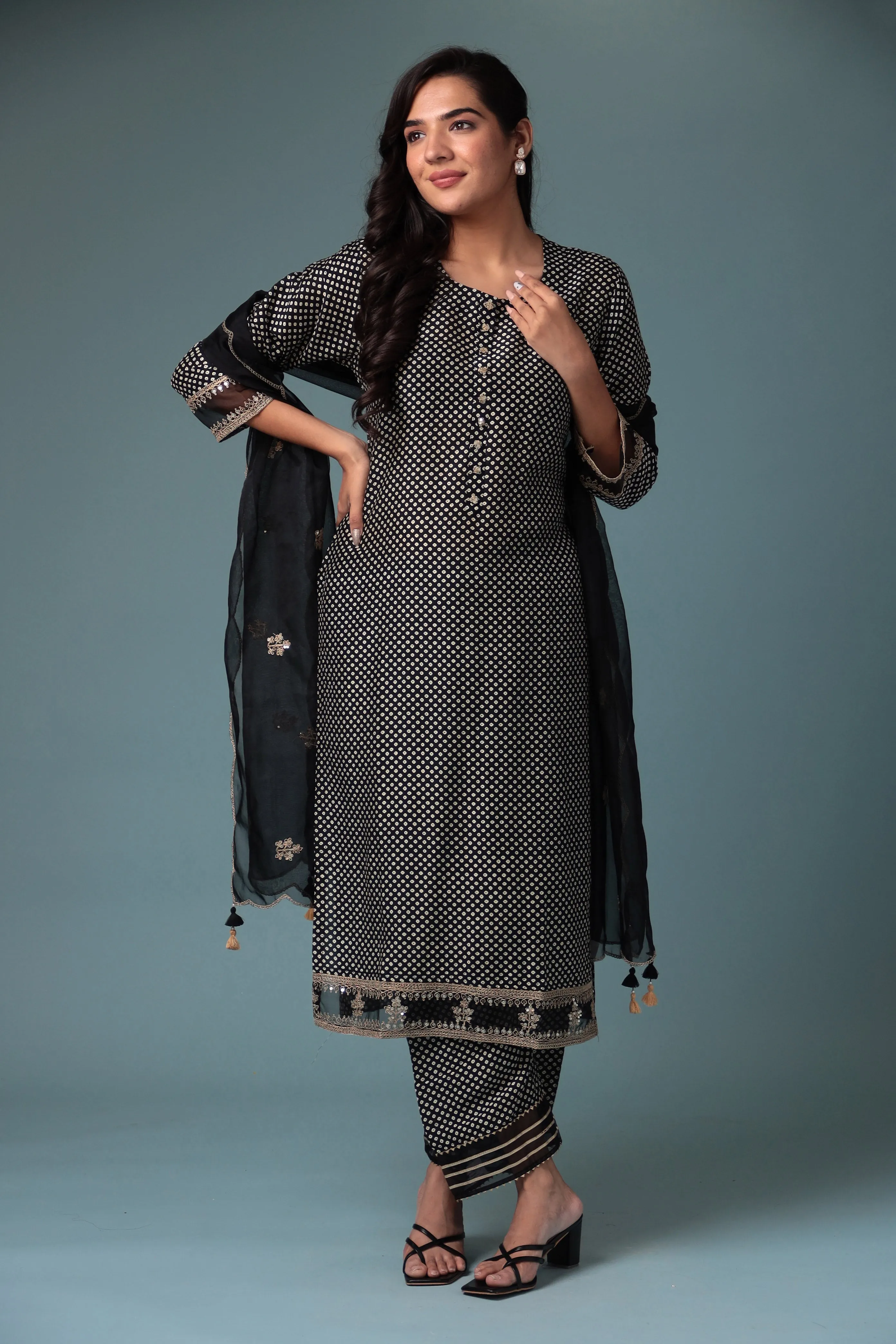 Bandhej Silk Kurta Stitched with Dori work.