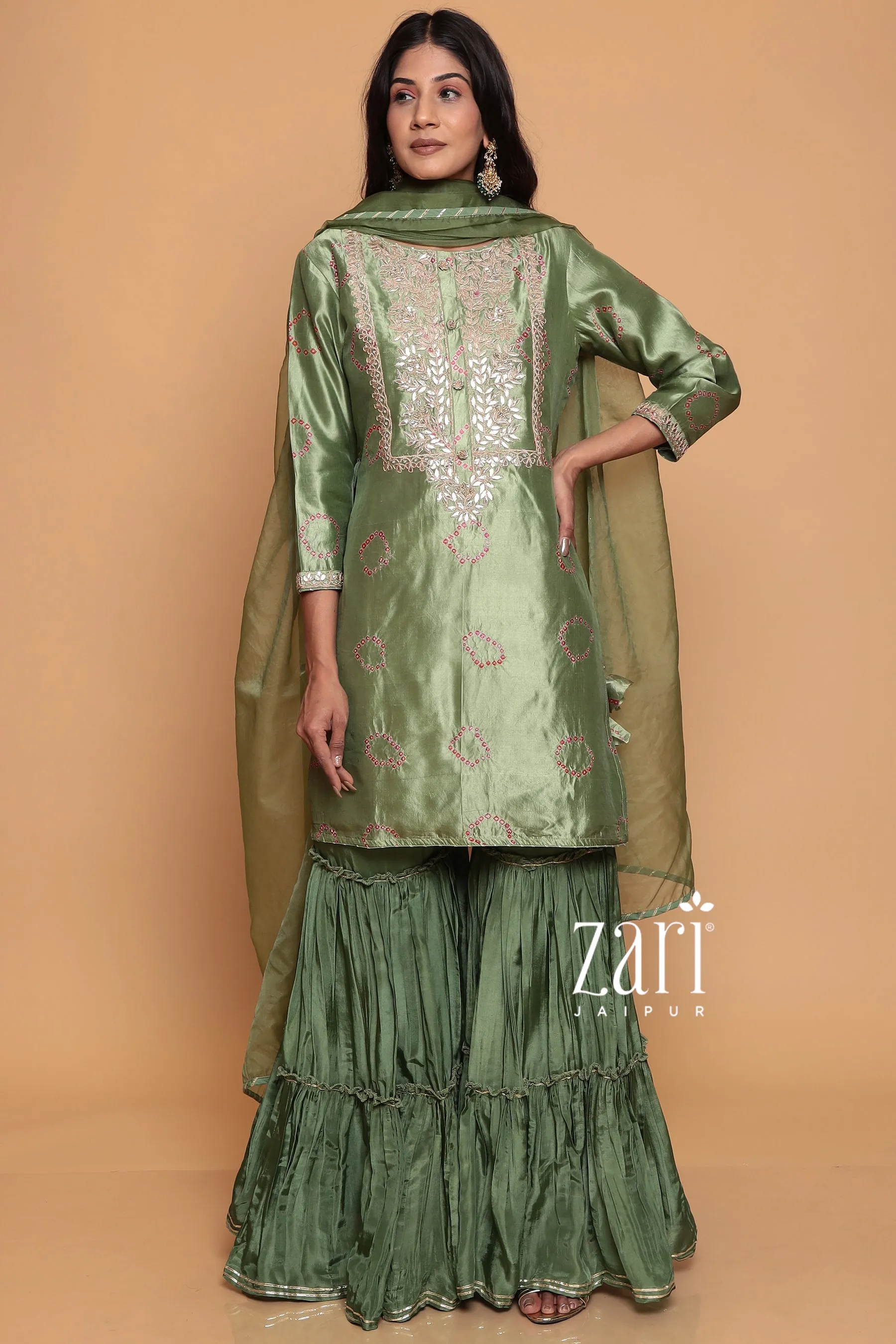 Bandhej Silk Suit with Dori, Gota Patti, Pearl, Sequins, Zardozi work.