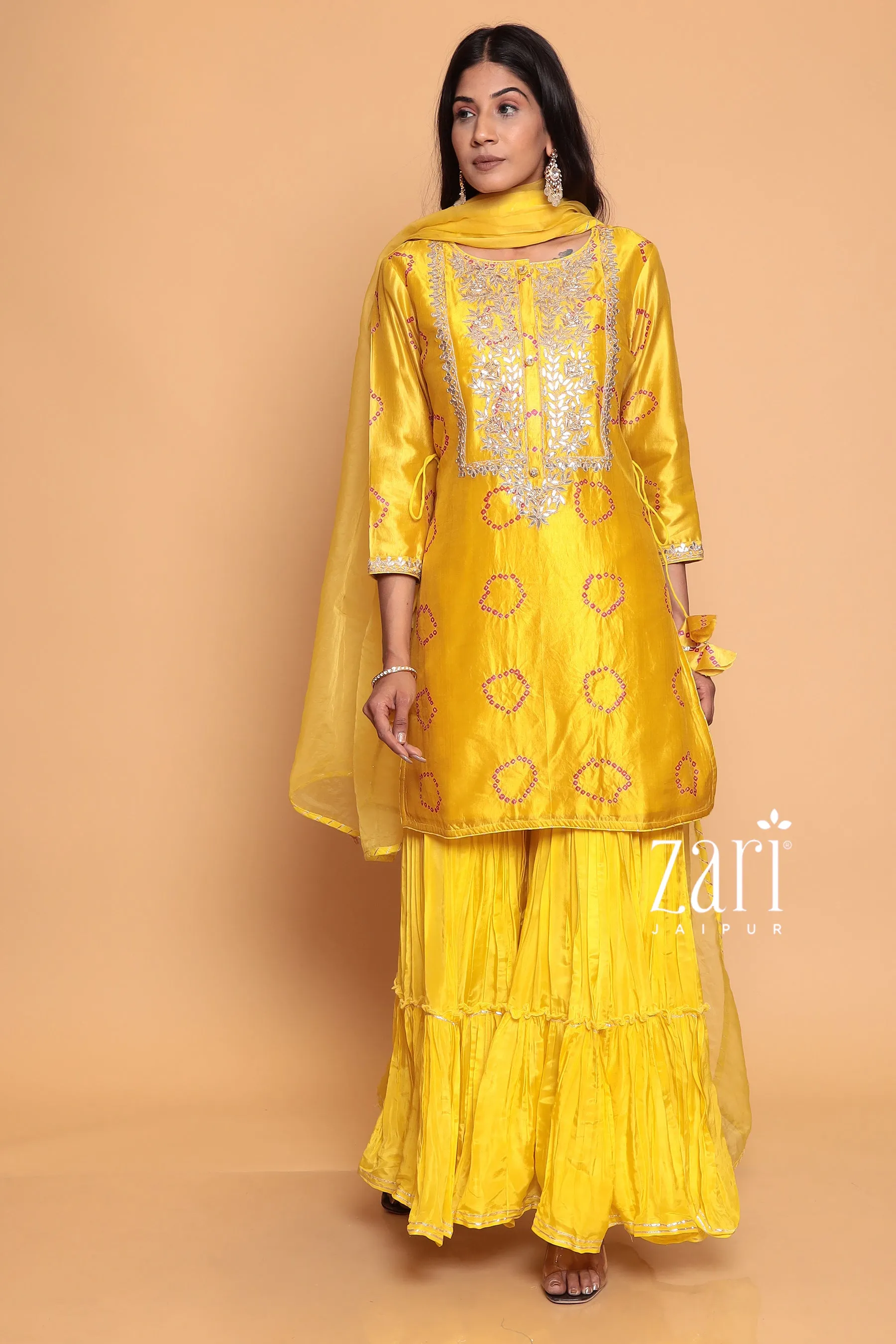 Bandhej Silk Suit with Dori, Gota Patti, Pearl, Sequins, Zardozi work.