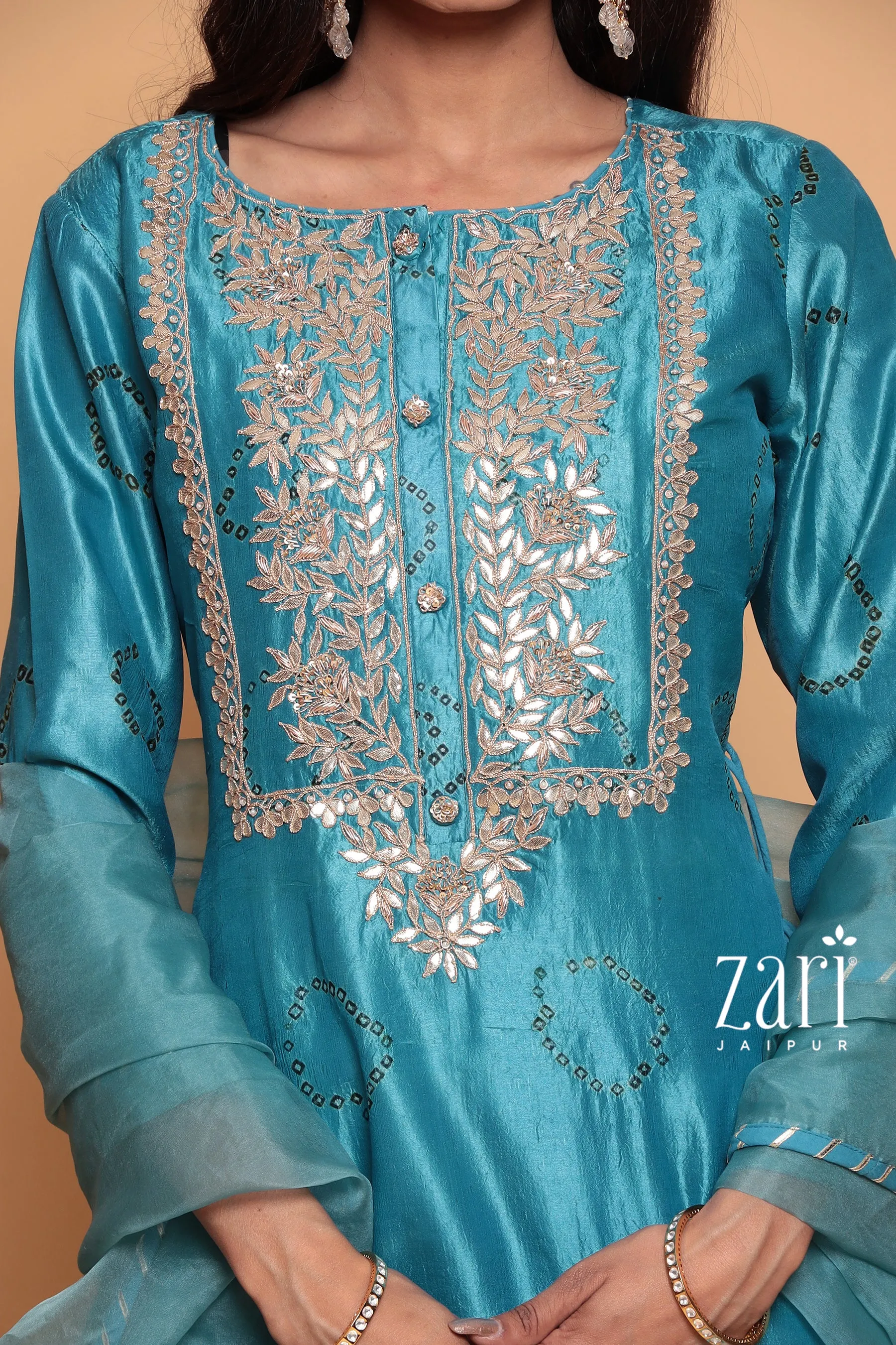 Bandhej Silk Suit with Dori, Gota Patti, Pearl, Sequins, Zardozi work.