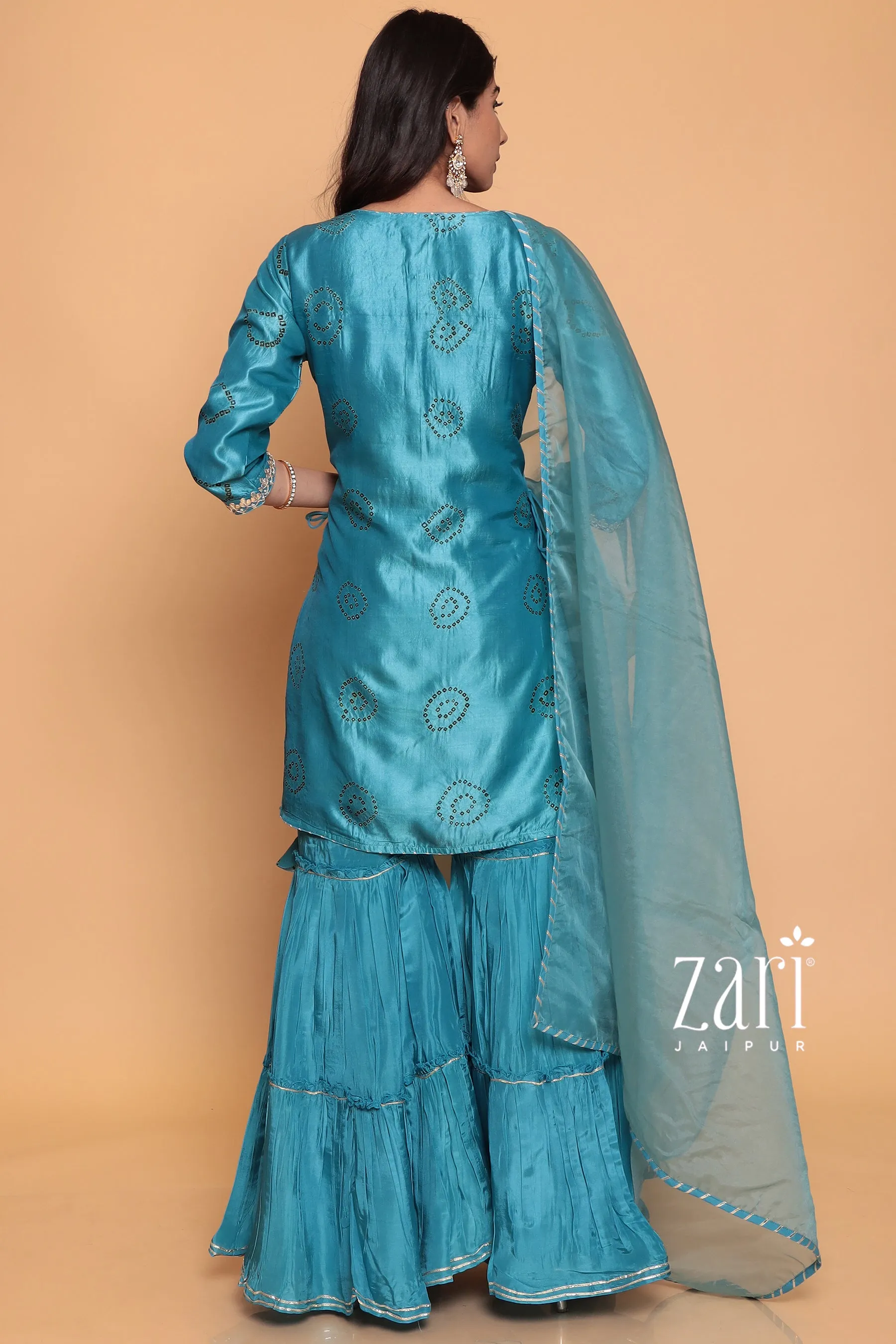 Bandhej Silk Suit with Dori, Gota Patti, Pearl, Sequins, Zardozi work.