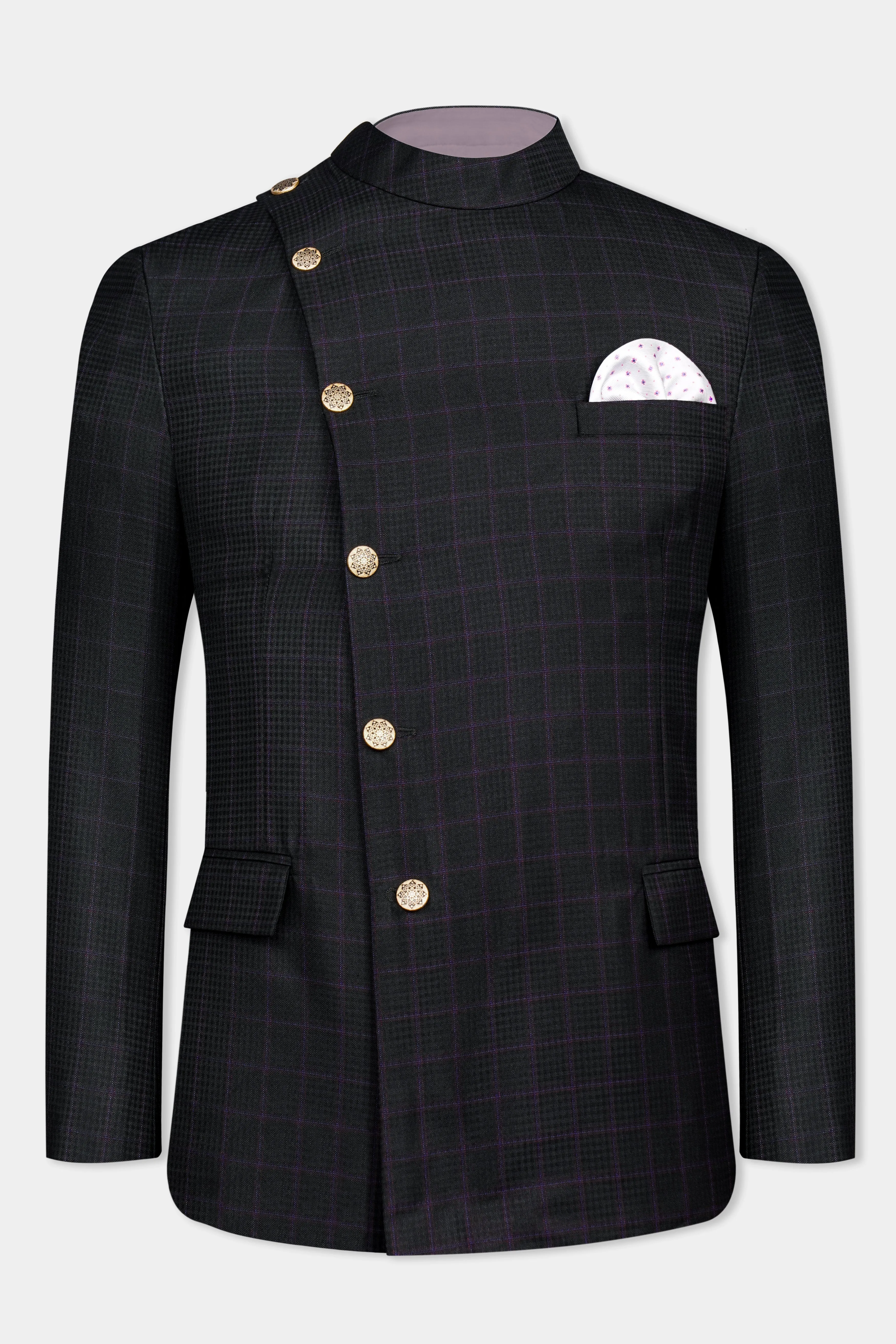 Bastille Black and Murasaki Purple Windowpane Cross Placket Wool Rich Bandhgala Suit