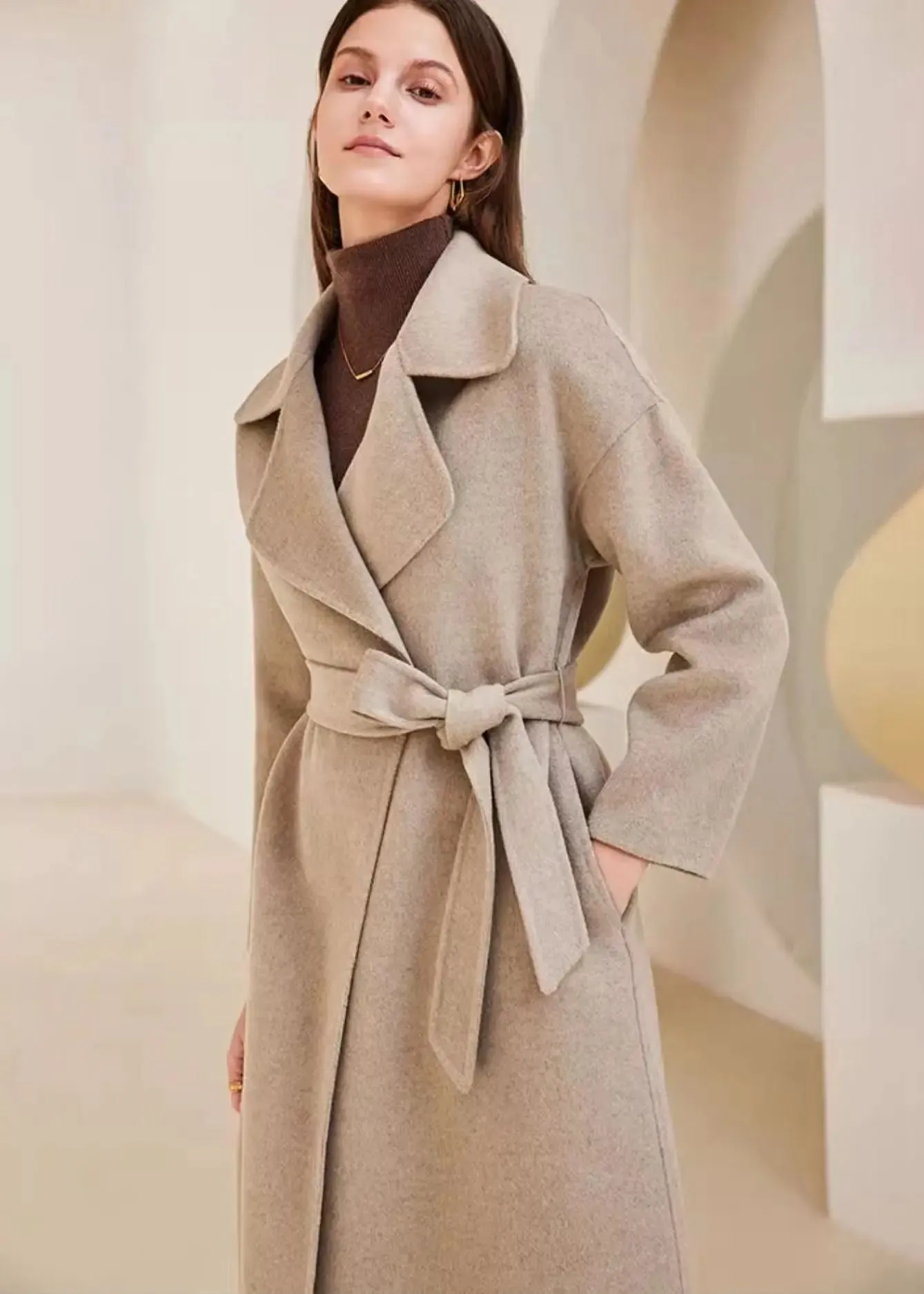 Belted Thigh Length Wool Coat