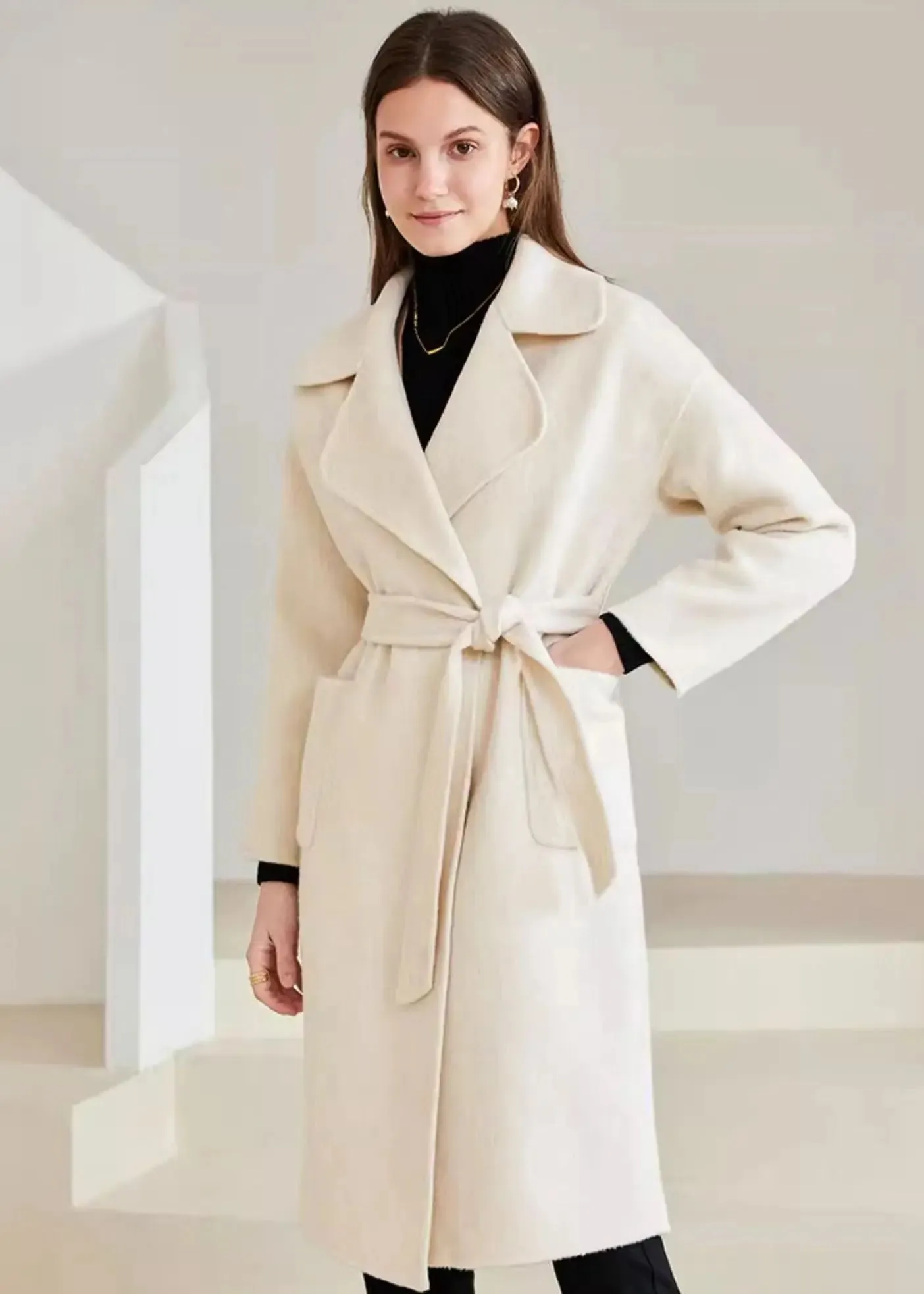 Belted Thigh Length Wool Coat