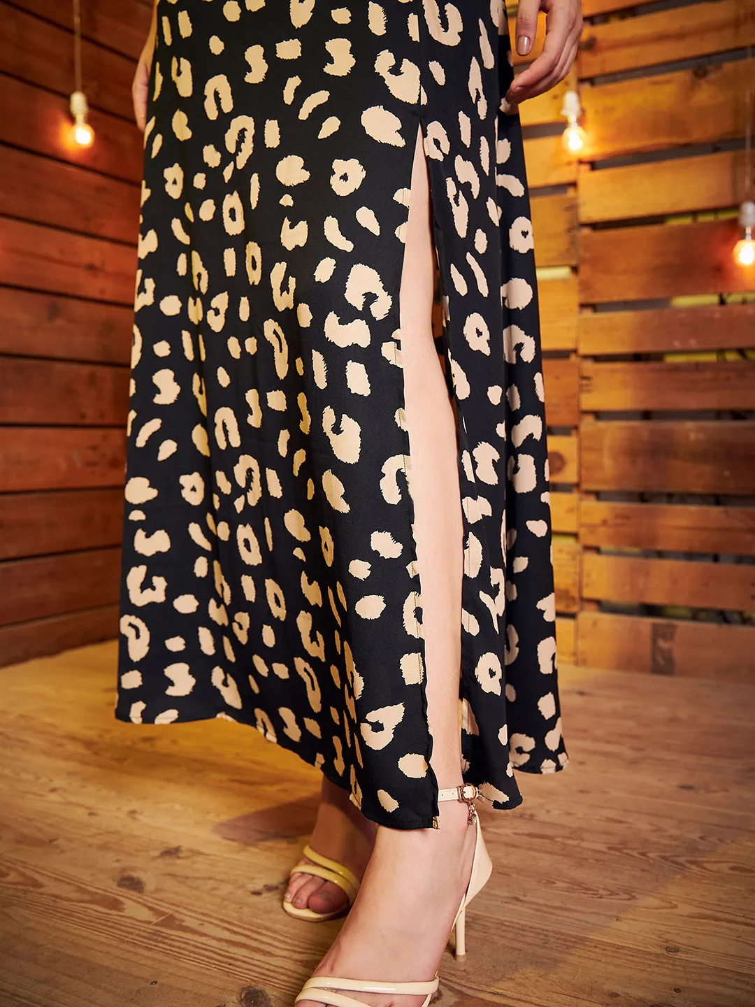 Berrylush Women Black & Beige Animal Print High-Rise Waist Thigh-High Slit Flared A-Line Midi Skirt