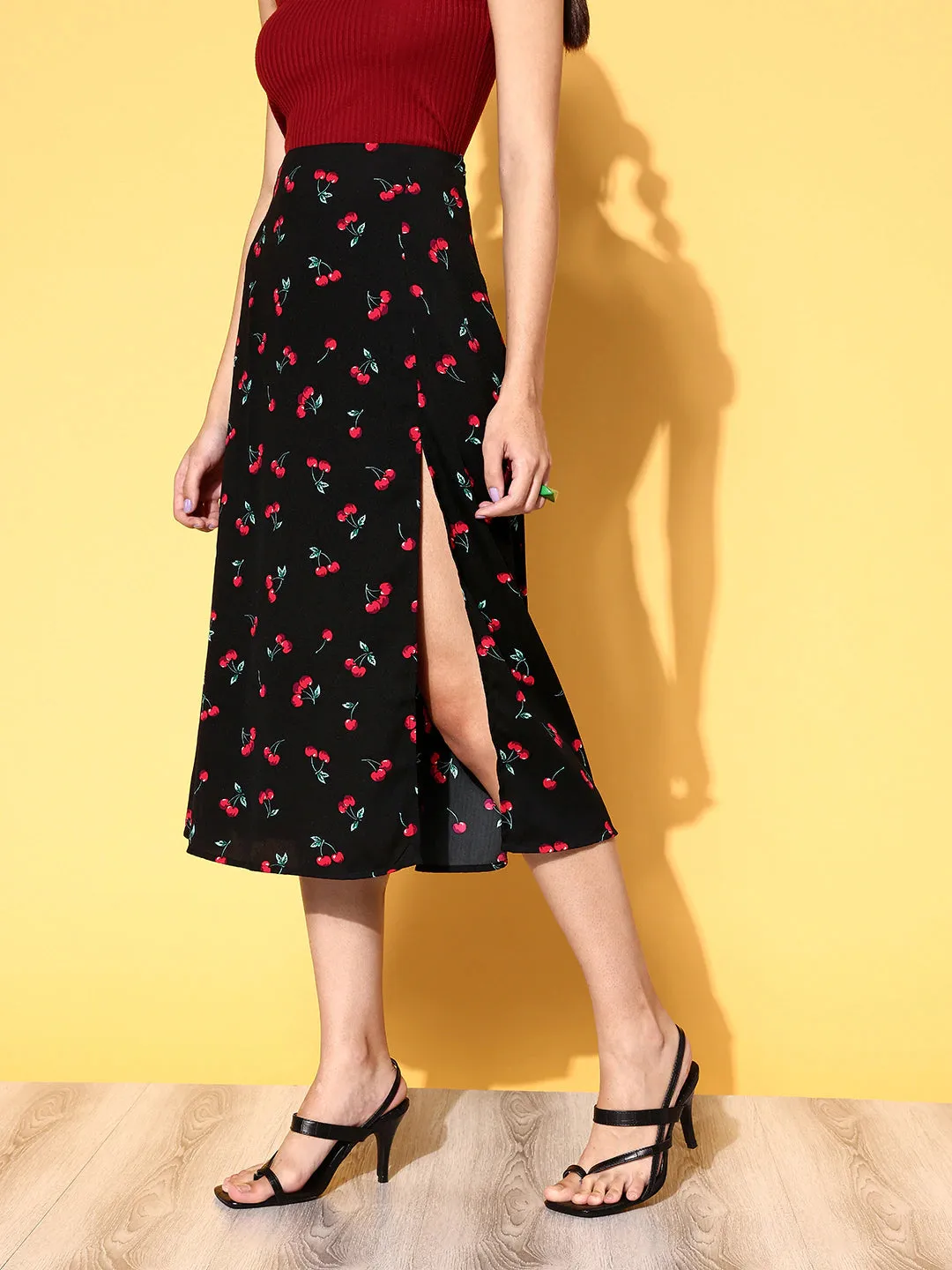 Berrylush Women Black & Red Cherry Printed Thigh-High Slit Flared A-Line Midi Skirt