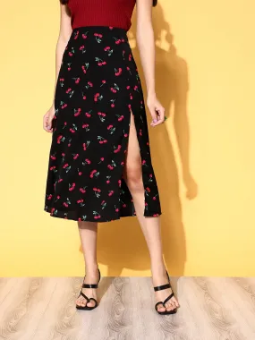 Berrylush Women Black & Red Cherry Printed Thigh-High Slit Flared A-Line Midi Skirt