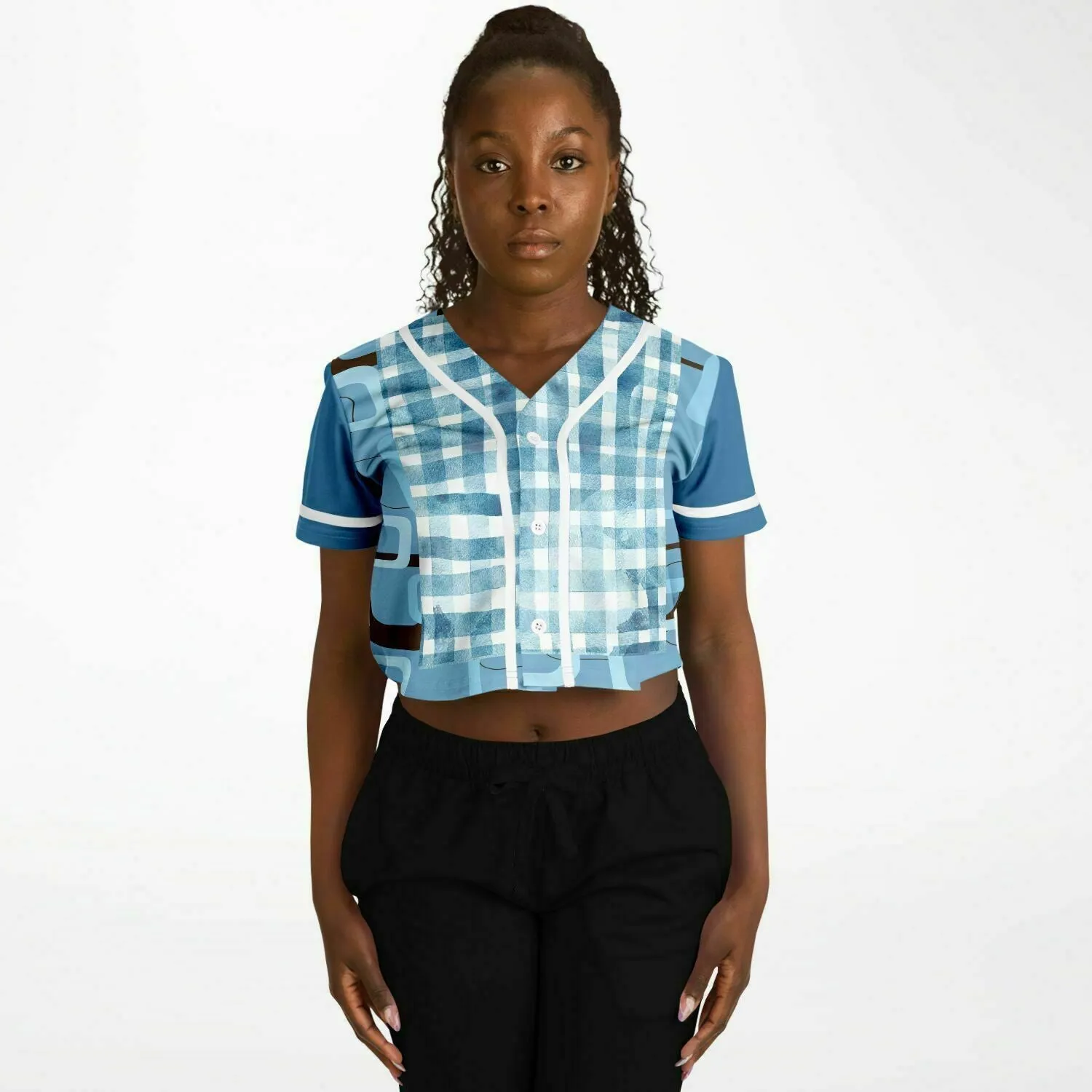 Blue Geo Patchwork Cropped Button Front Jersey