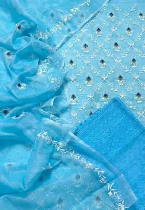 Blue Hand Embroided Kota Doria Suit Fabric With Dupatta