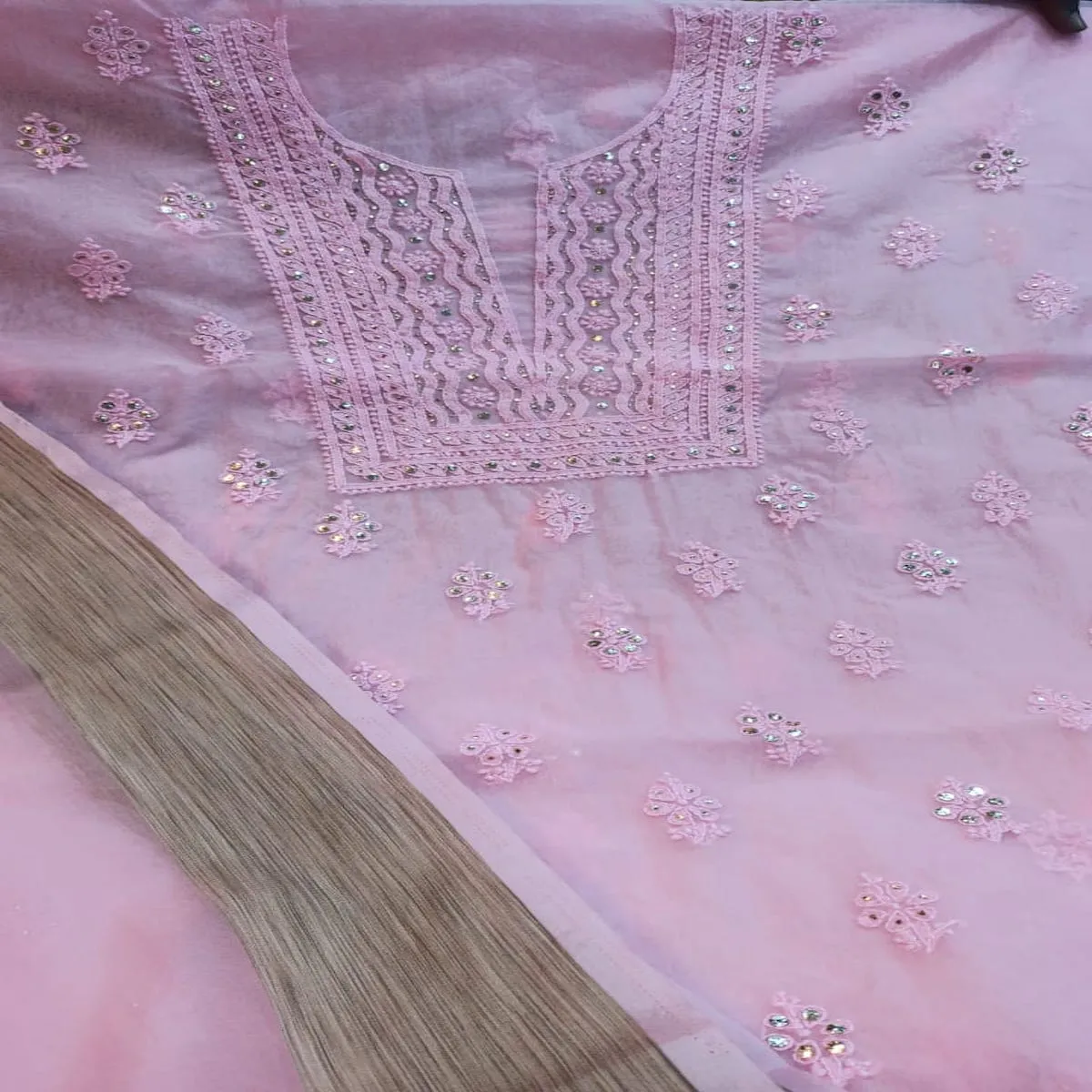 Blush Pink Chinkari work Organza Salwar Kurti Fabric