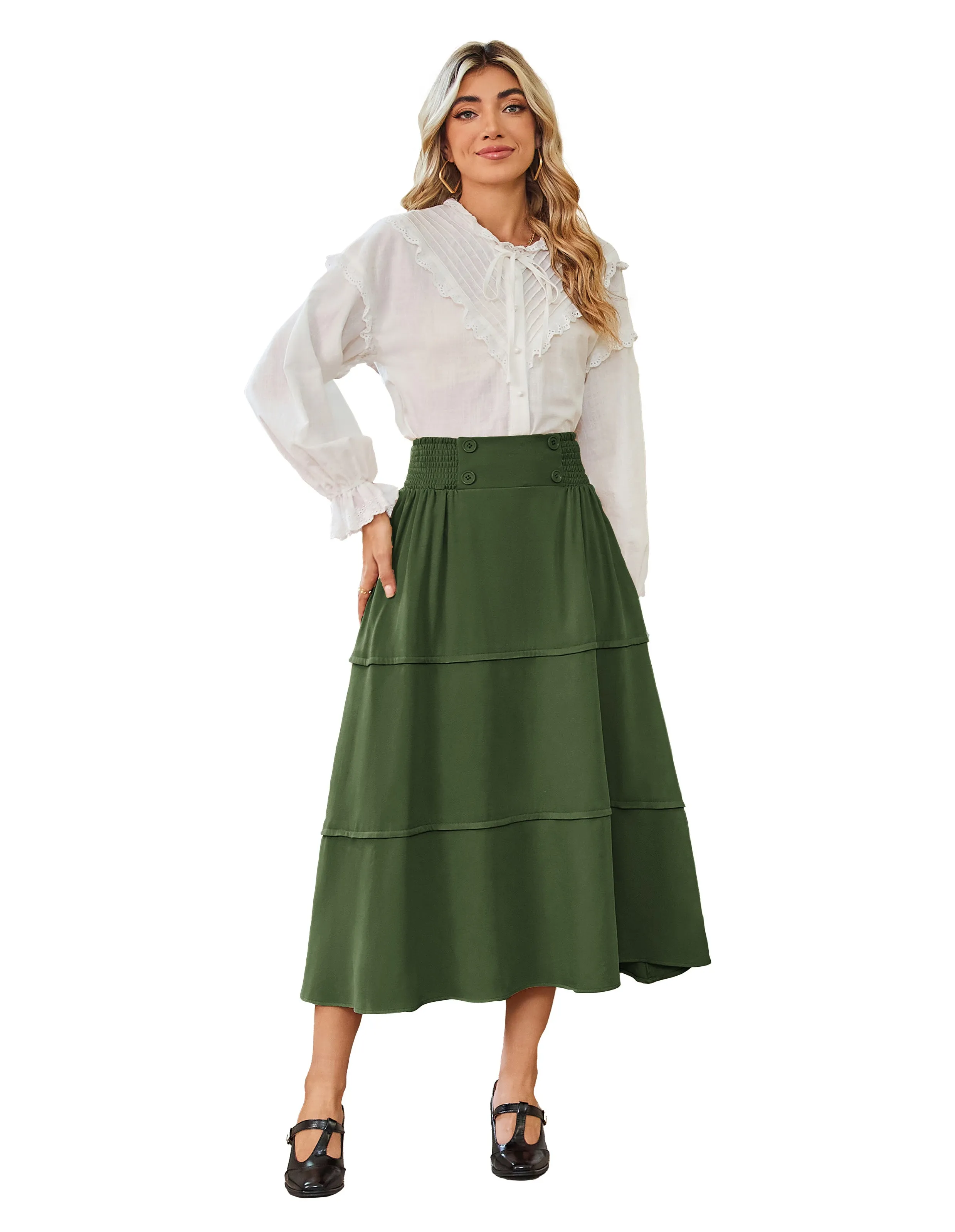 BP Women Vintage Tiered Swing Skirt Elastic Waist Mid-Calf Flared A-Line Skirt