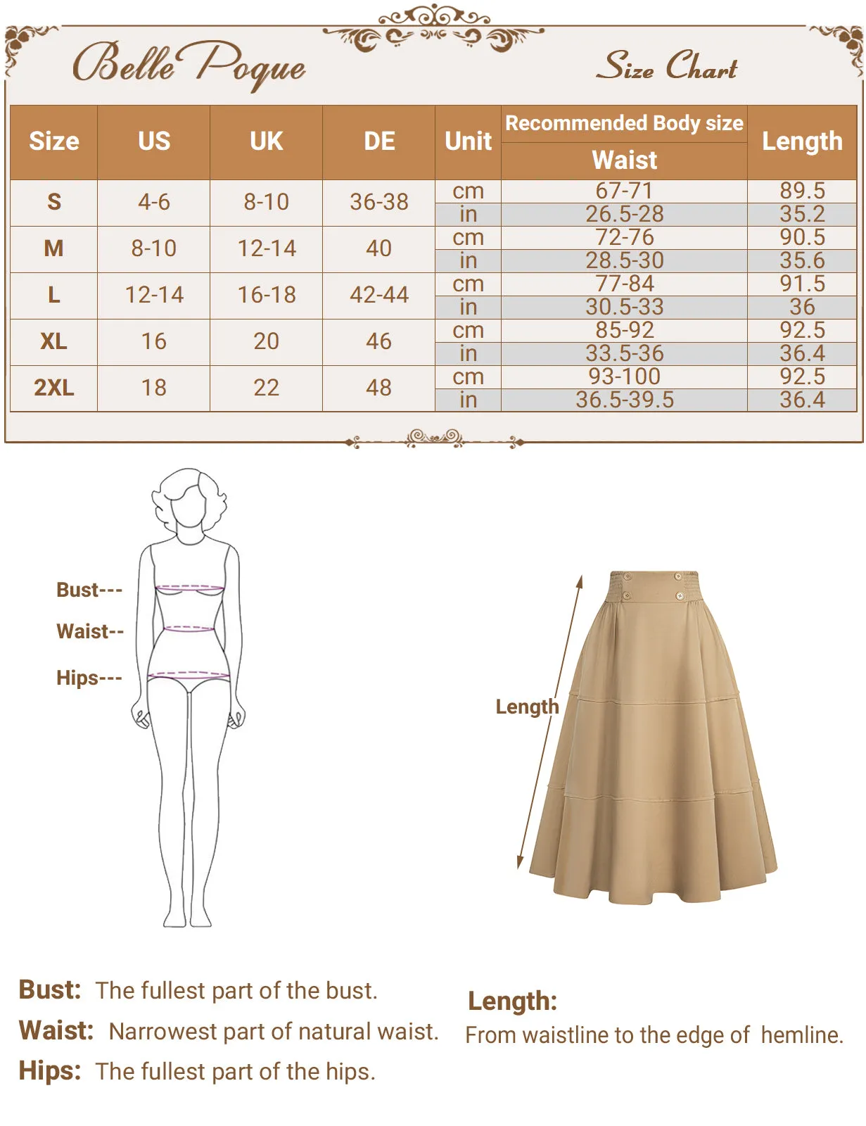 BP Women Vintage Tiered Swing Skirt Elastic Waist Mid-Calf Flared A-Line Skirt