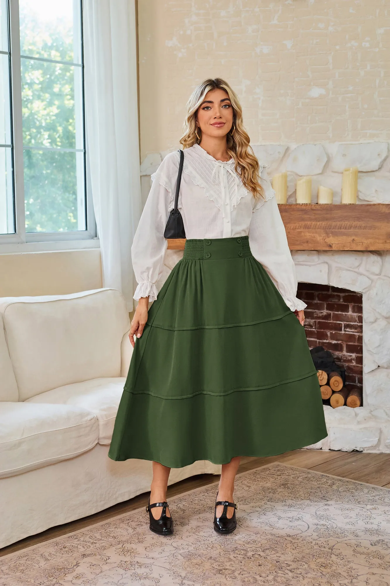 BP Women Vintage Tiered Swing Skirt Elastic Waist Mid-Calf Flared A-Line Skirt