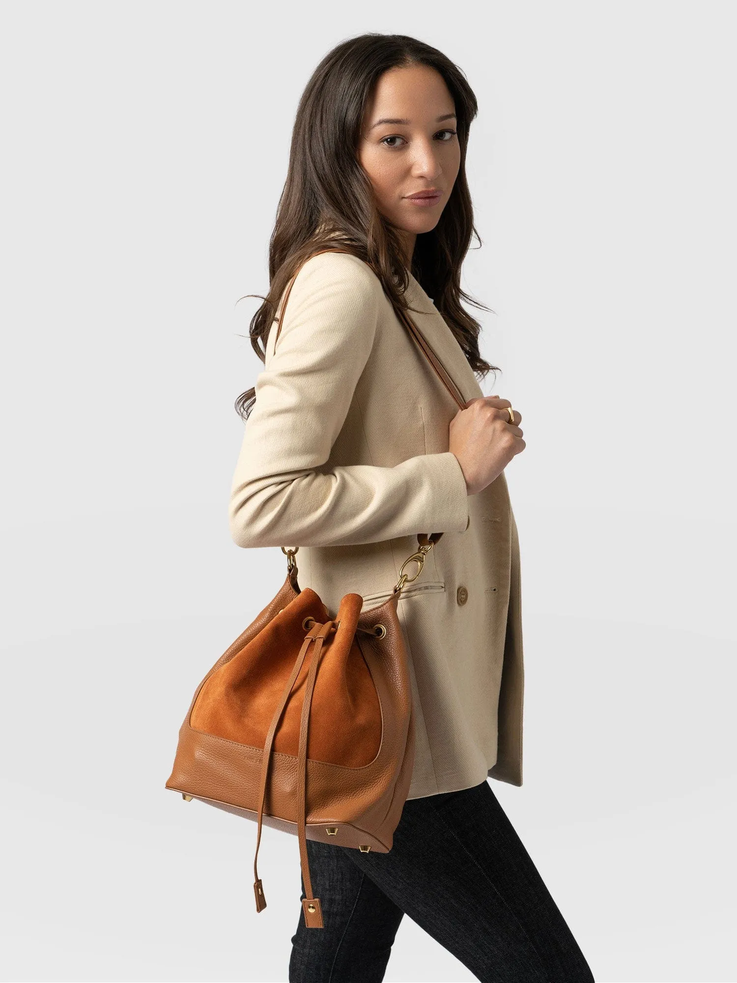 Brompton Bucket Bag - Brown Suede Pebble