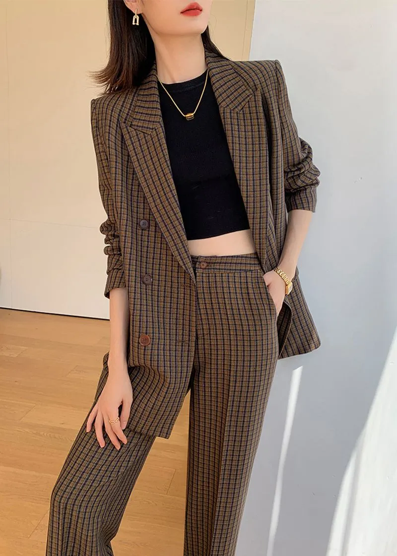 Brown Plaid Blazer Wide Leg Pantsuit Set