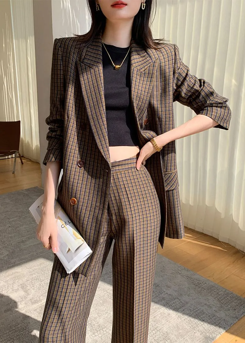 Brown Plaid Blazer Wide Leg Pantsuit Set