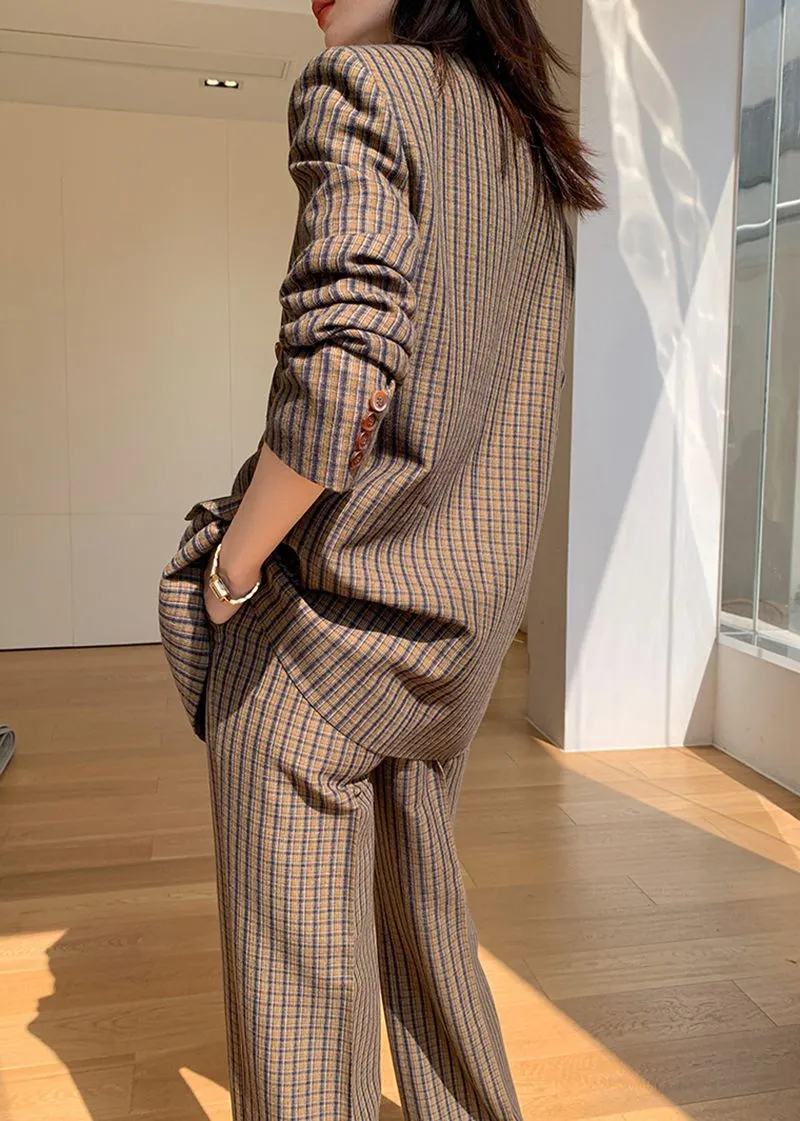 Brown Plaid Blazer Wide Leg Pantsuit Set