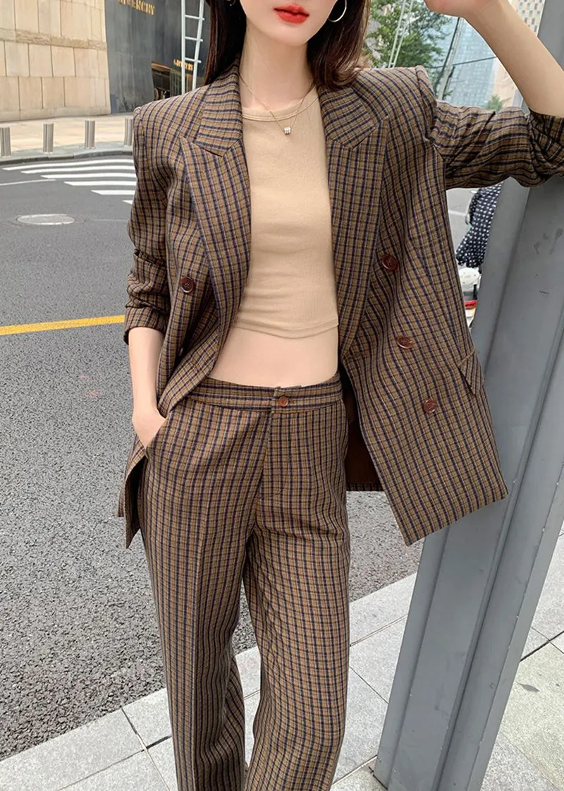 Brown Plaid Blazer Wide Leg Pantsuit Set